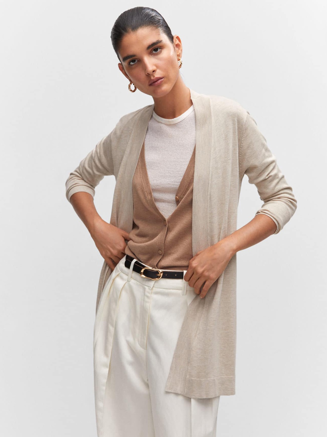 

MANGO Women Front-Open Longline Sweater, Beige