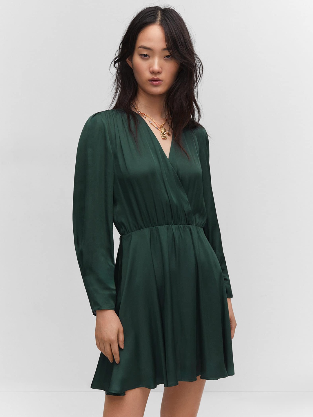 

MANGO Solid Satin Finish Wrap Dress, Green