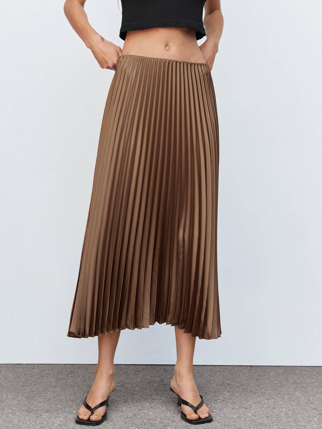 MANGO Solid Accordion Pleated Satin Midi Skirt, Brown