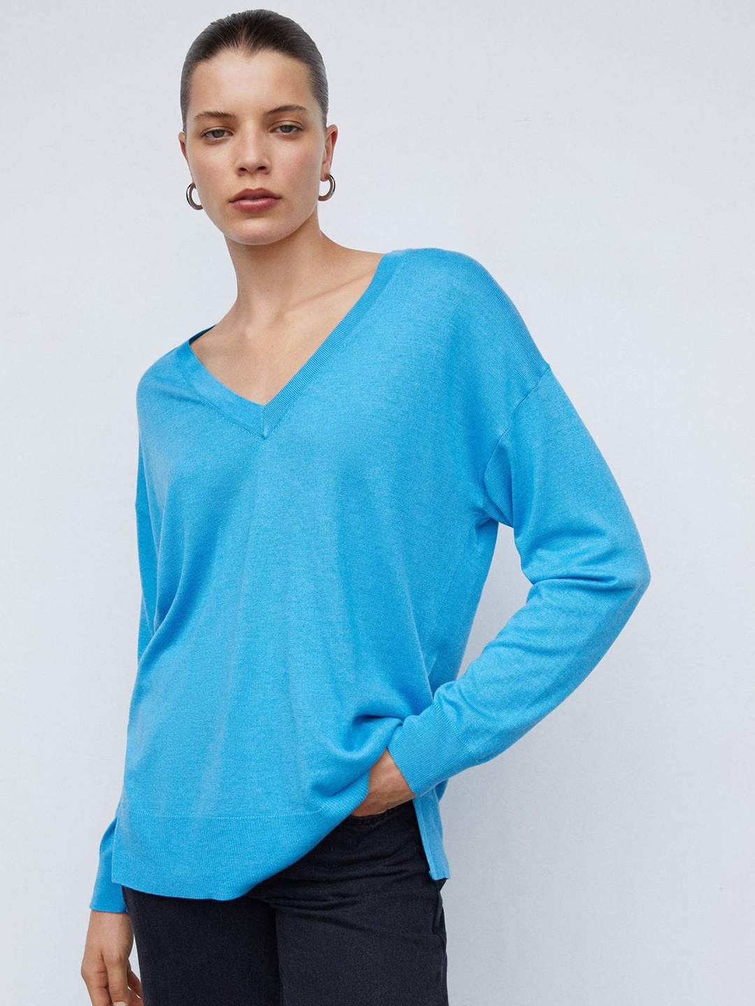 

MANGO V-neck Drop Shoulder Pullover with Side Slits, Blue