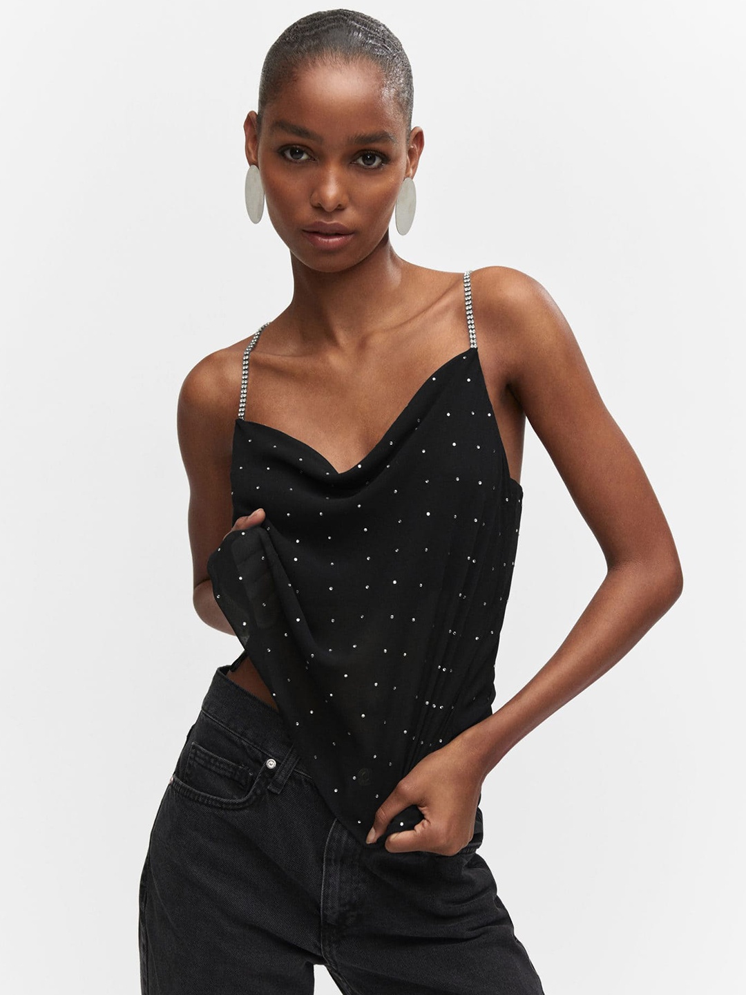 

MANGO Embellished Studded Straps Top, Black