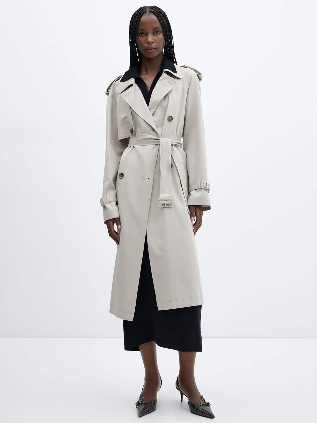 

MANGO Double-Breasted Longline Trench Coat with Belt, Grey