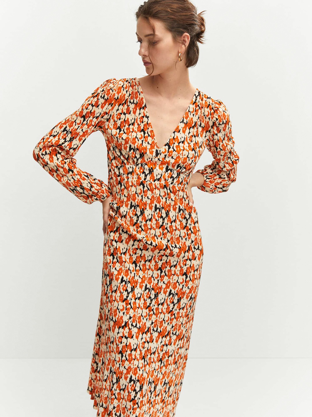 

MANGO Floral Print Empire Midi Dress, Orange