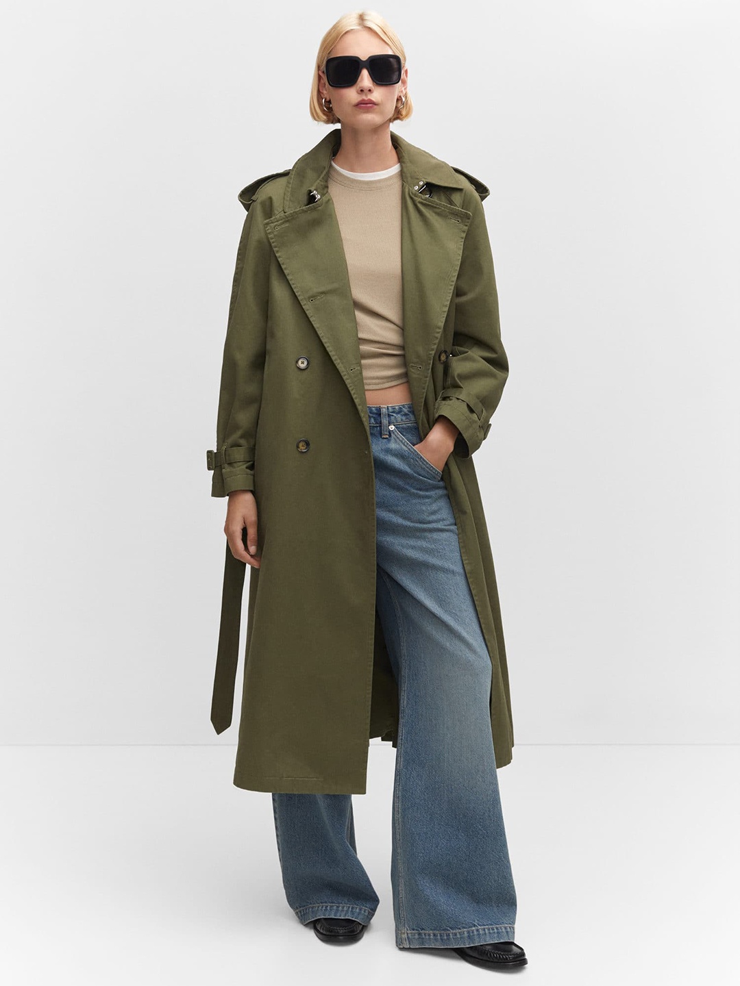 

MANGO Double-Breasted Pure Cotton Belted Detail Longline Trench Coat with Shoulder Tabs, Olive