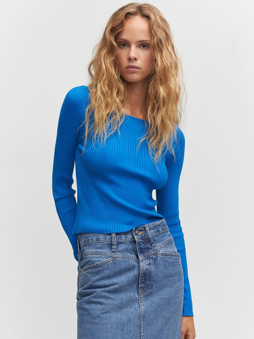 

MANGO Women Ribbed Pullover, Blue