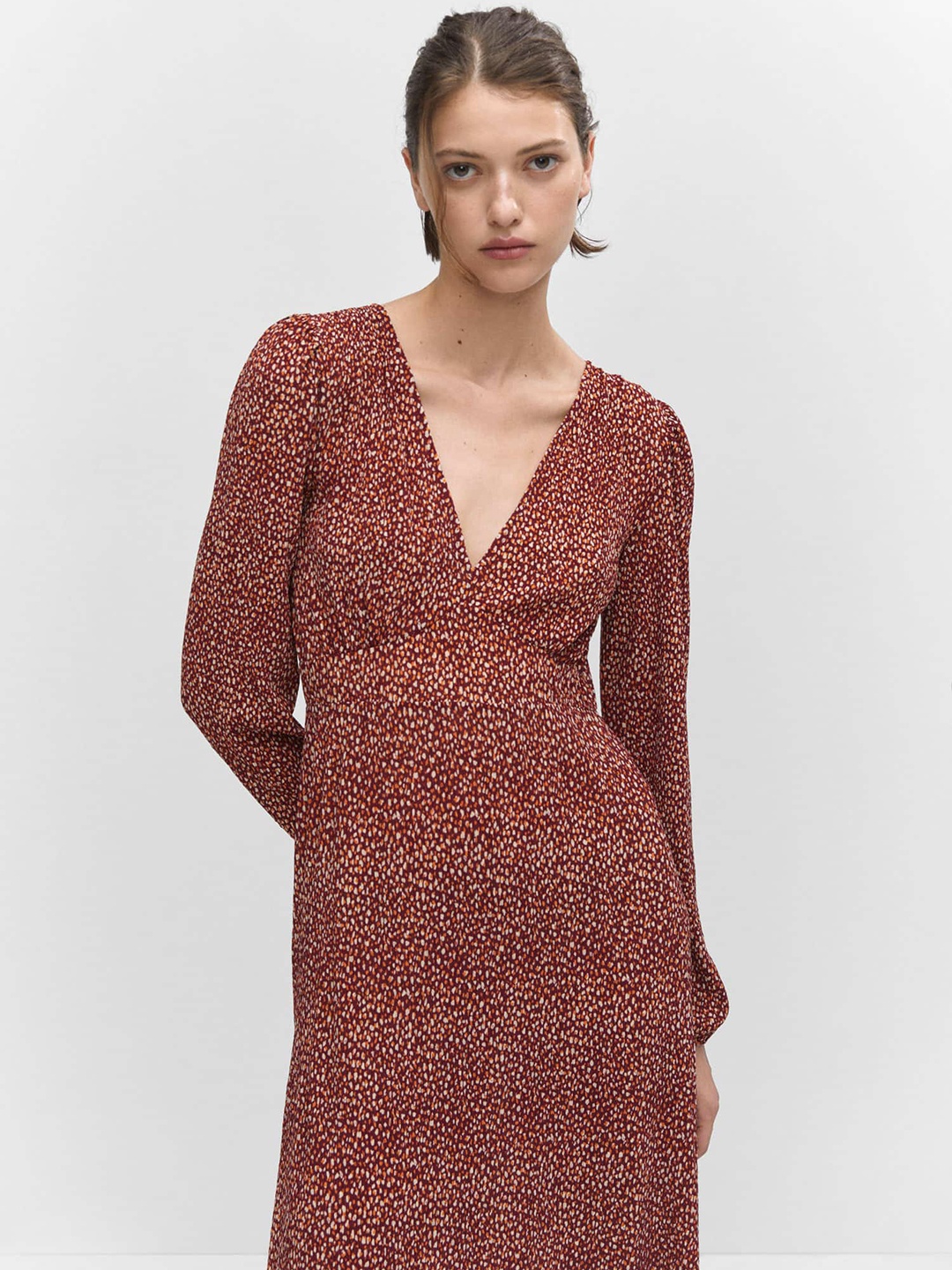 

MANGO Printed Puff Sleeve Empire Midi Dress, Maroon