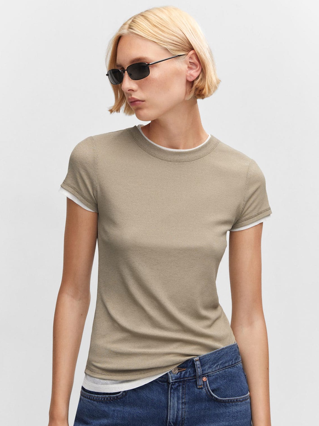 

MANGO Double-layered Round Neck T-shirt, Beige