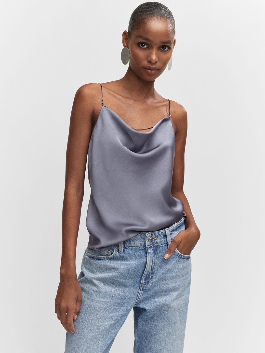 

MANGO Studded Straps Cowl Neck Satin Top, Blue