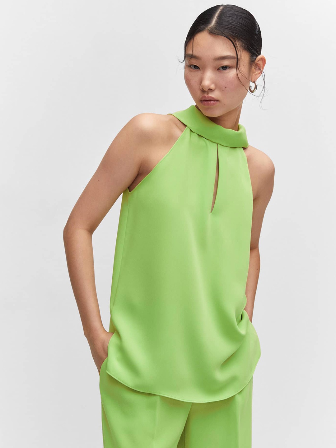 

MANGO Keyhole Neck Top, Lime green