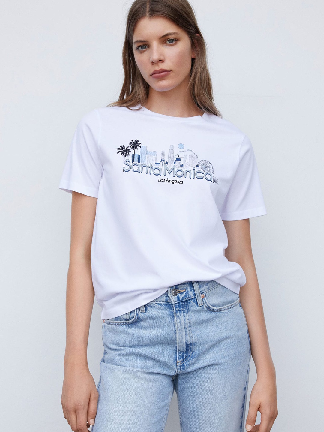

MANGO Women Printed Pure Cotton T-shirt, White