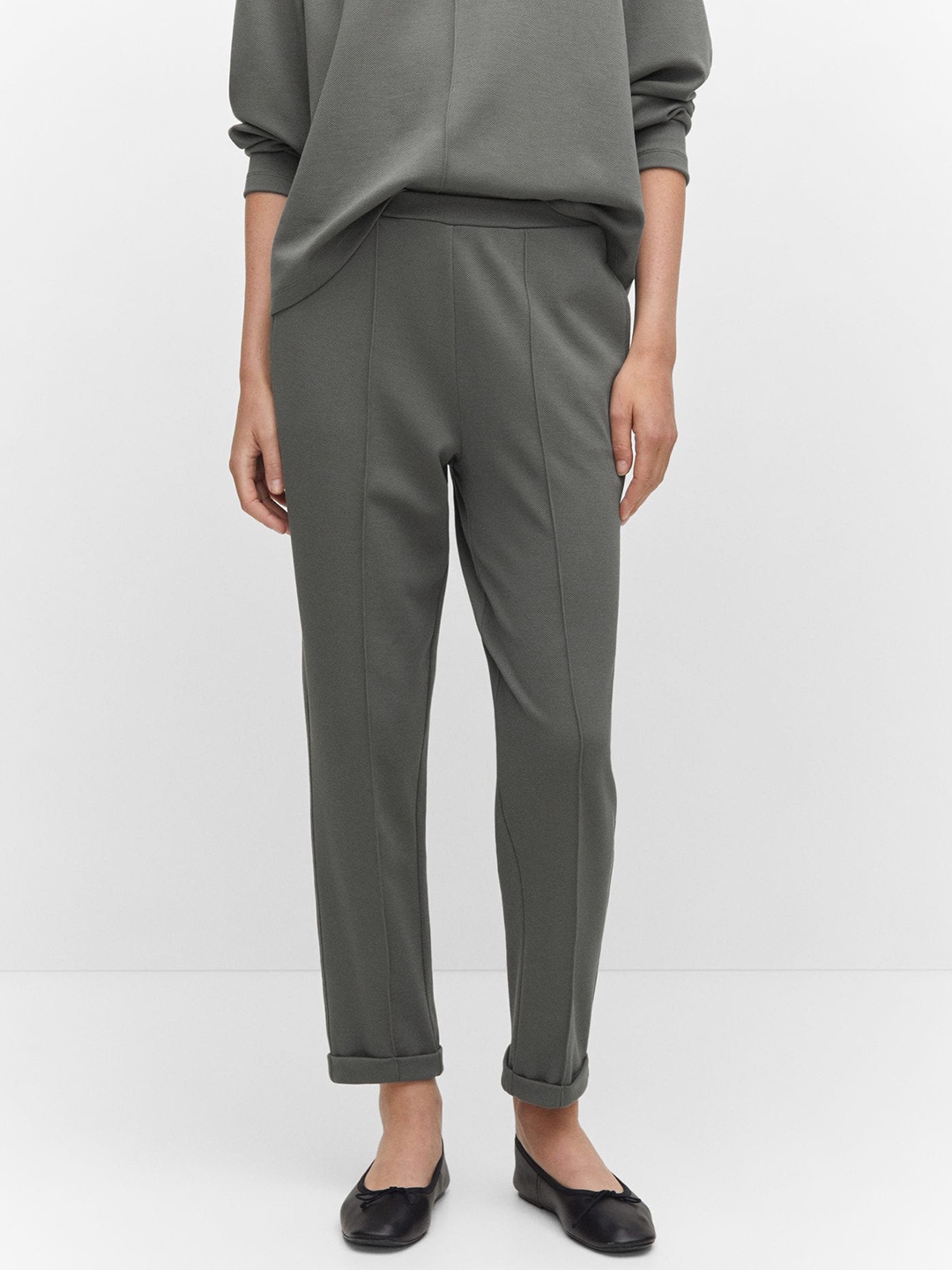 

MANGO Women Textured High-Rise Seam Detail Trousers, Grey
