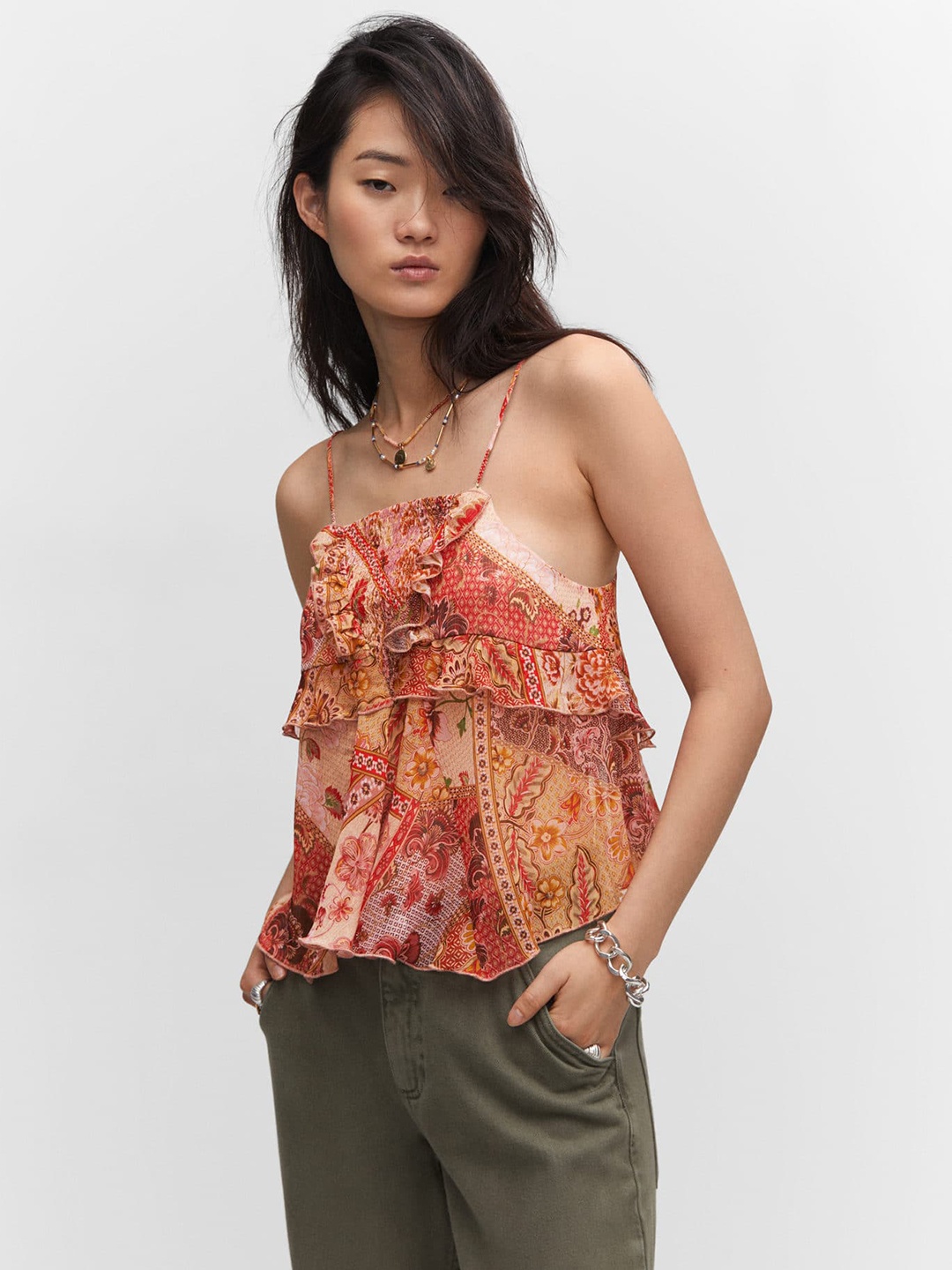 

MANGO Ethnic Print Ruffles Smocked Top, Peach