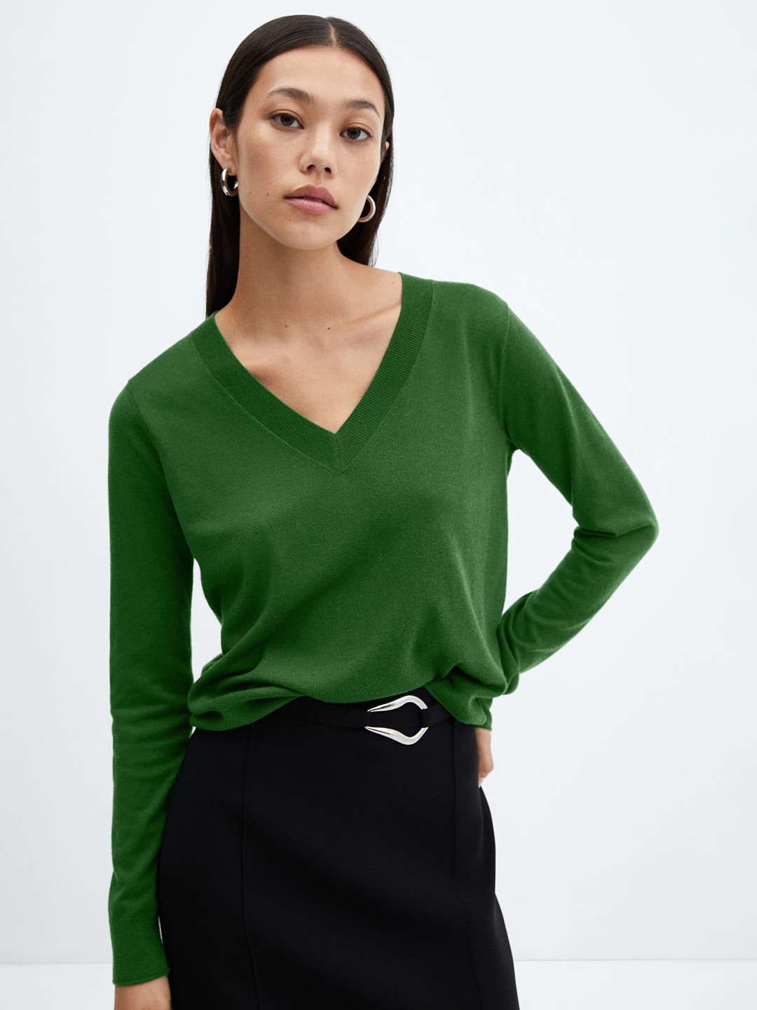 

MANGO V-Neck Fine-knit Pullover, Green