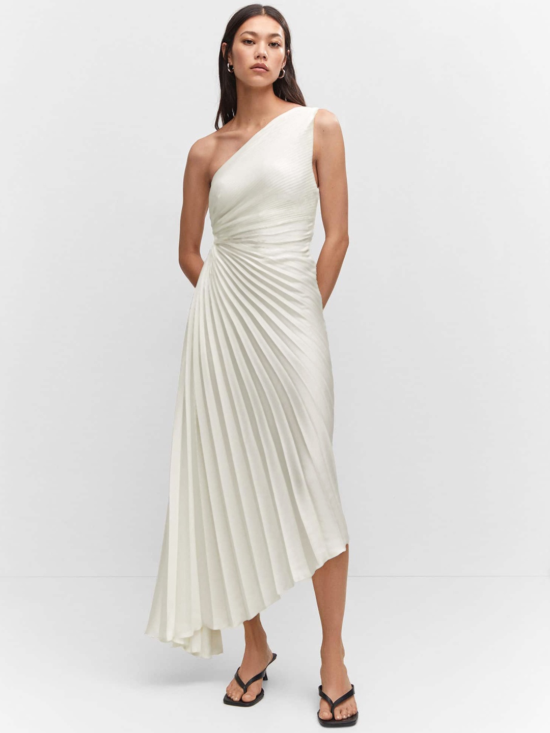 

MANGO Asymmetric Accordion Pleats One Shoulder A-Line Midi Dress, White