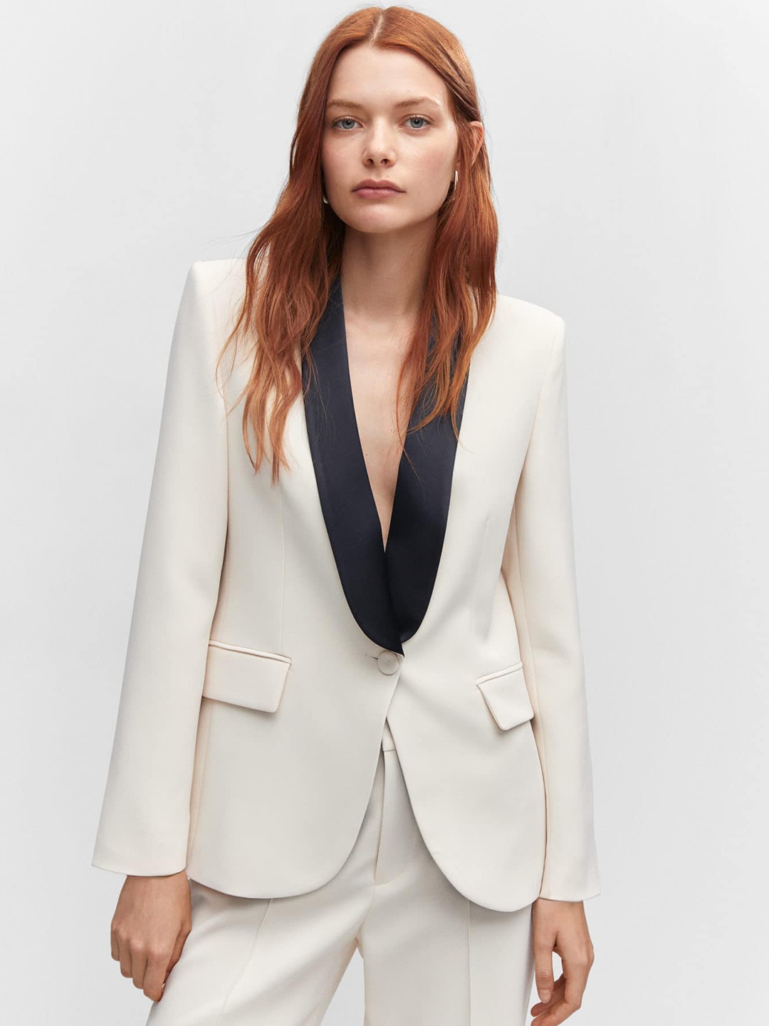 

MANGO Contrast Shawl Collar Structured Blazer, Off white