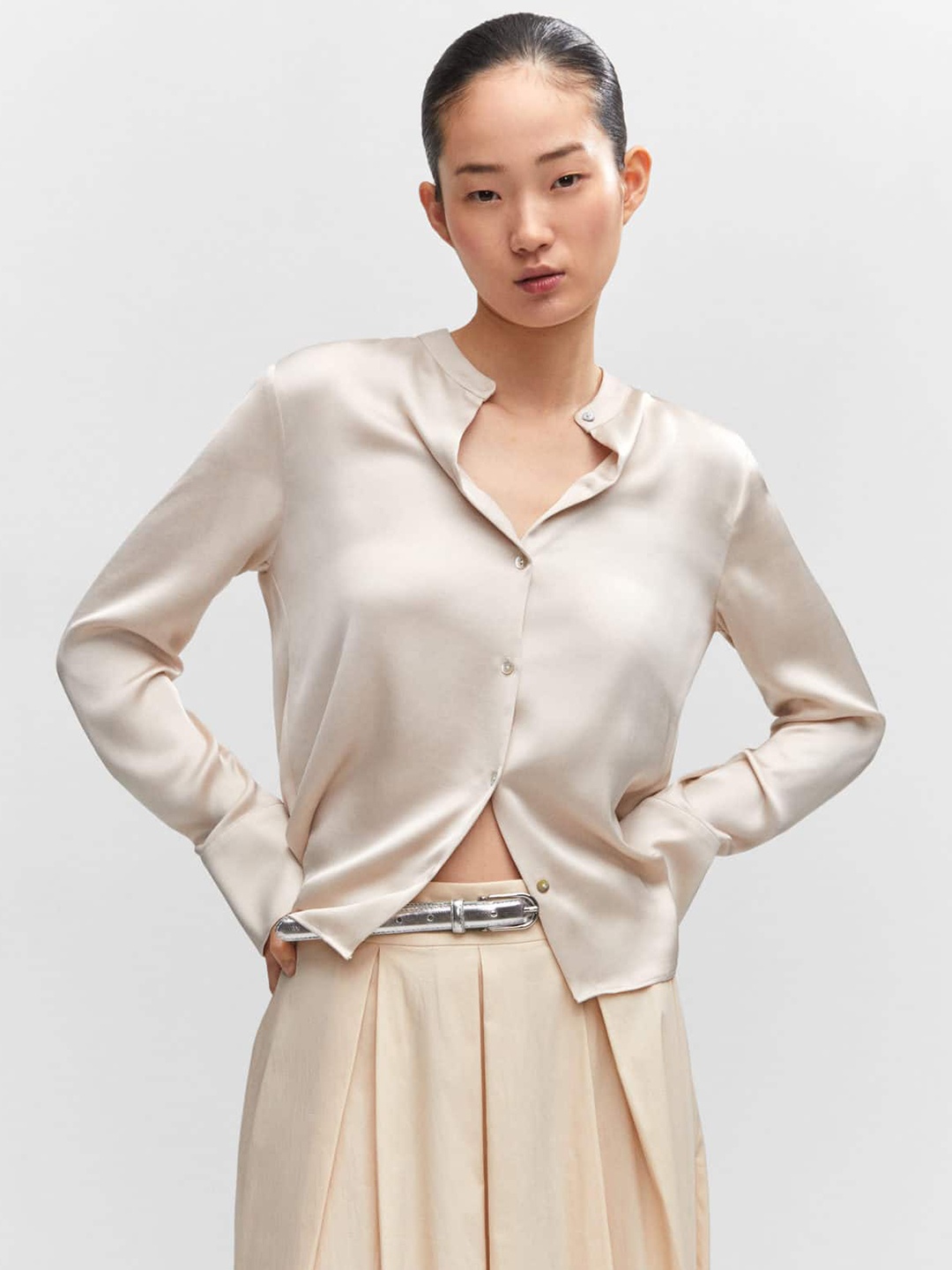 

MANGO Satin-Finish Shirt, Cream