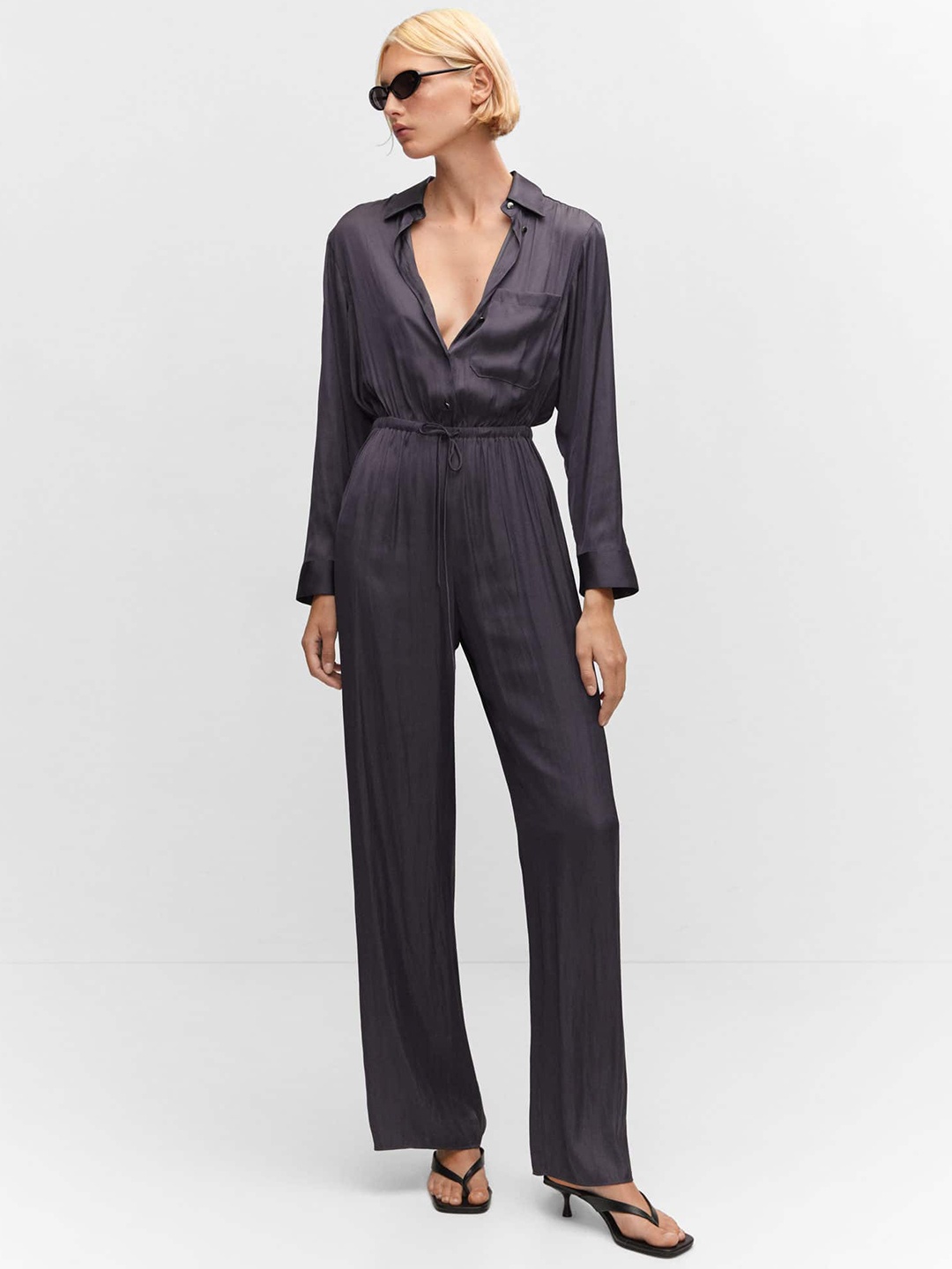 

MANGO Waist Tie-Ups Satin Finish Basic Jumpsuit, Charcoal