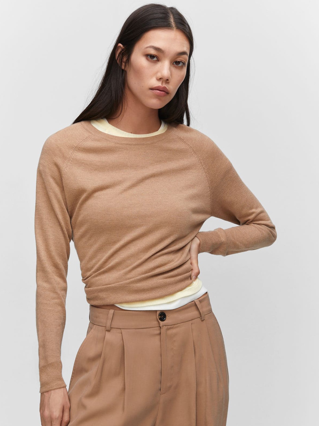 

MANGO Raglan Sleeves Fine-Knit Pullover, Brown