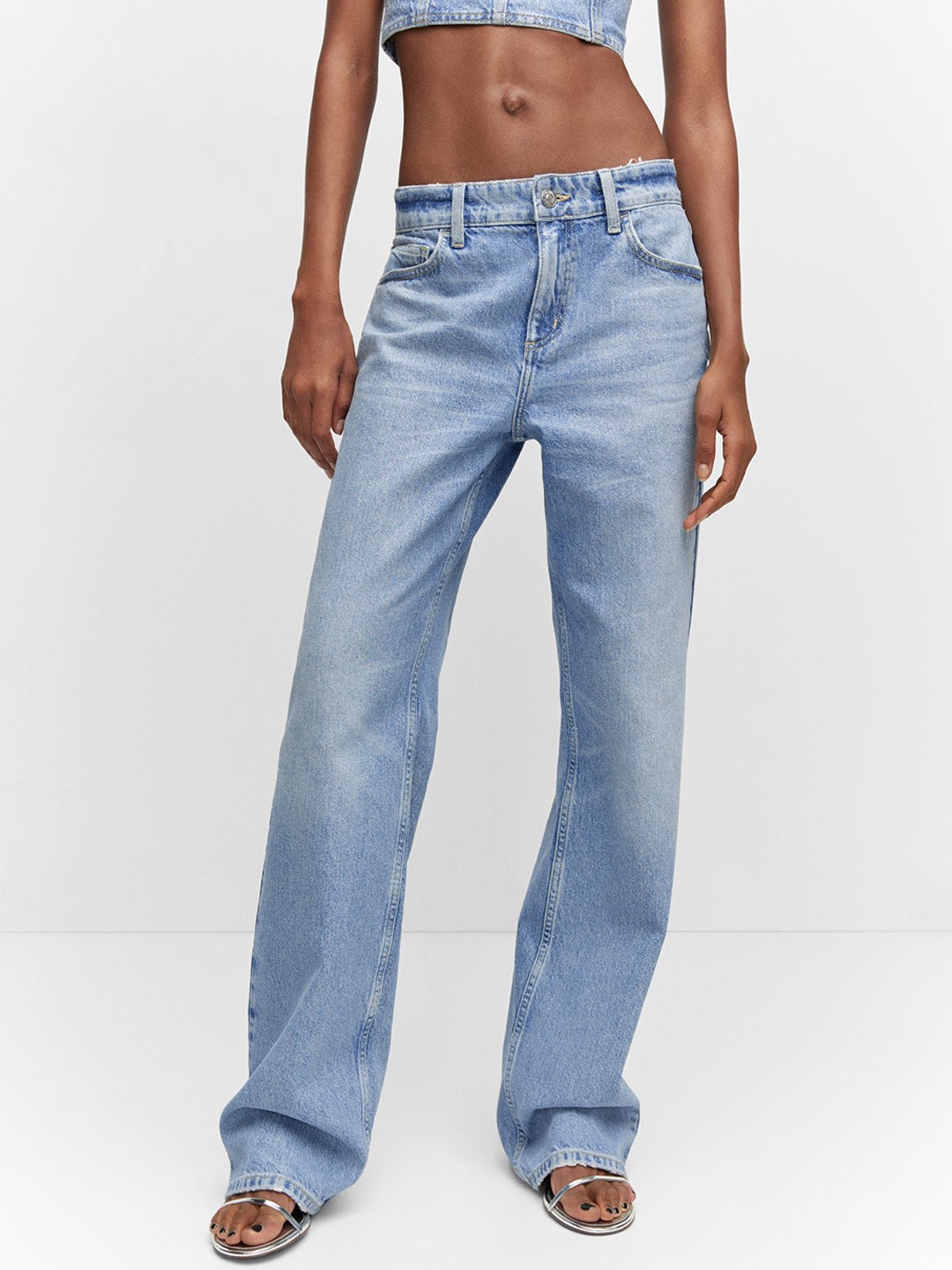 

MANGO Women Shimmer Detail Straight Fit Jeans, Blue