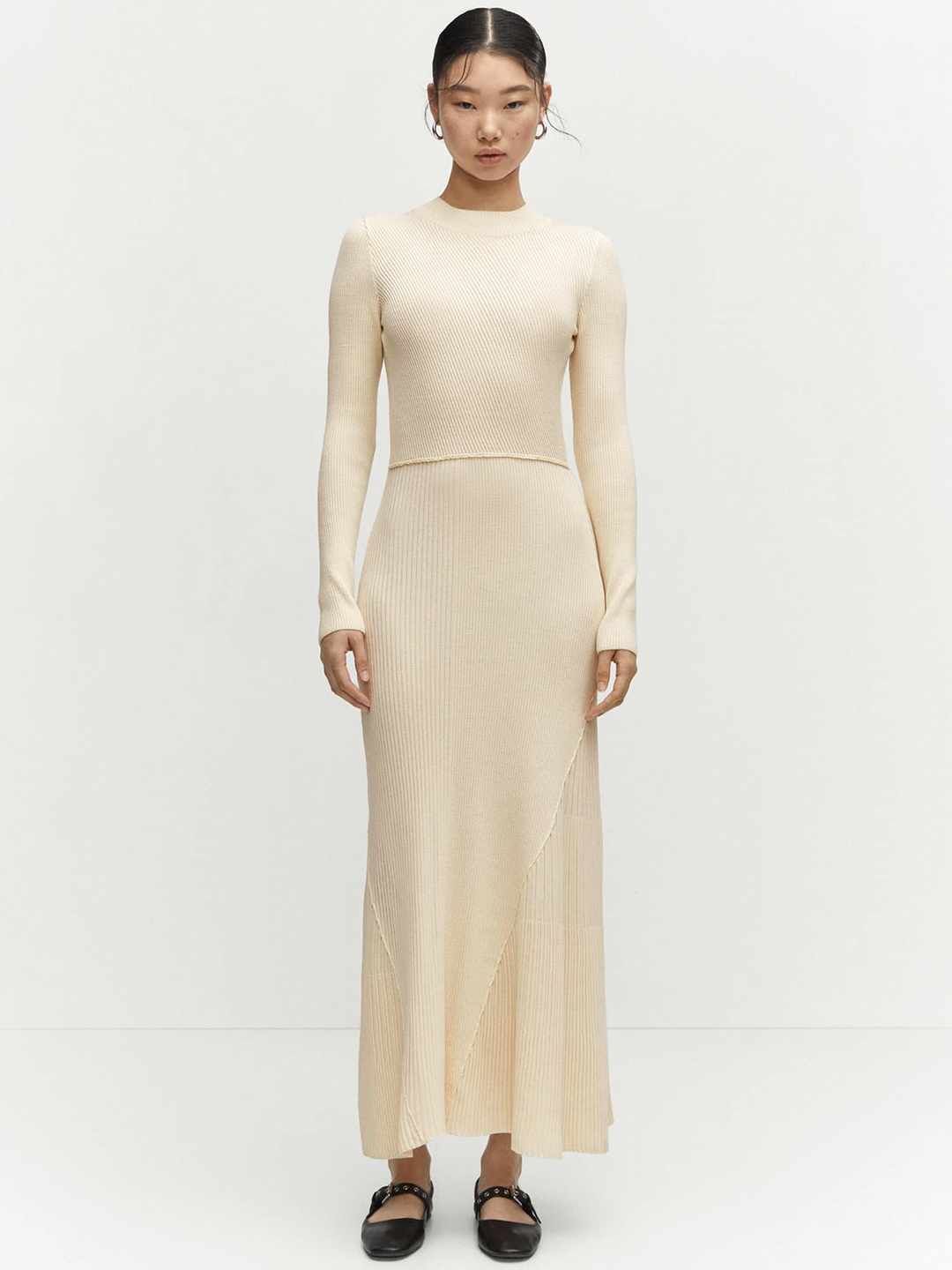 

MANGO Knitted Ribbed Acrylic Maxi Dress, Off white