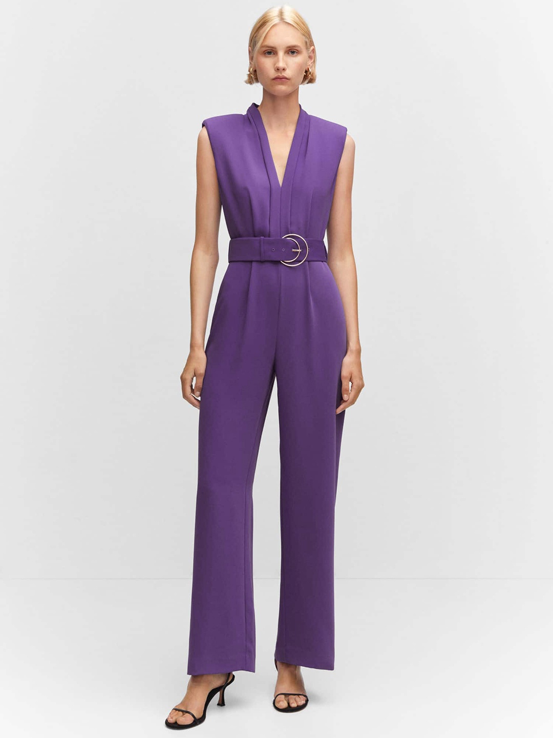 

MANGO Belted V-Neck Basic Jumpsuit, Purple