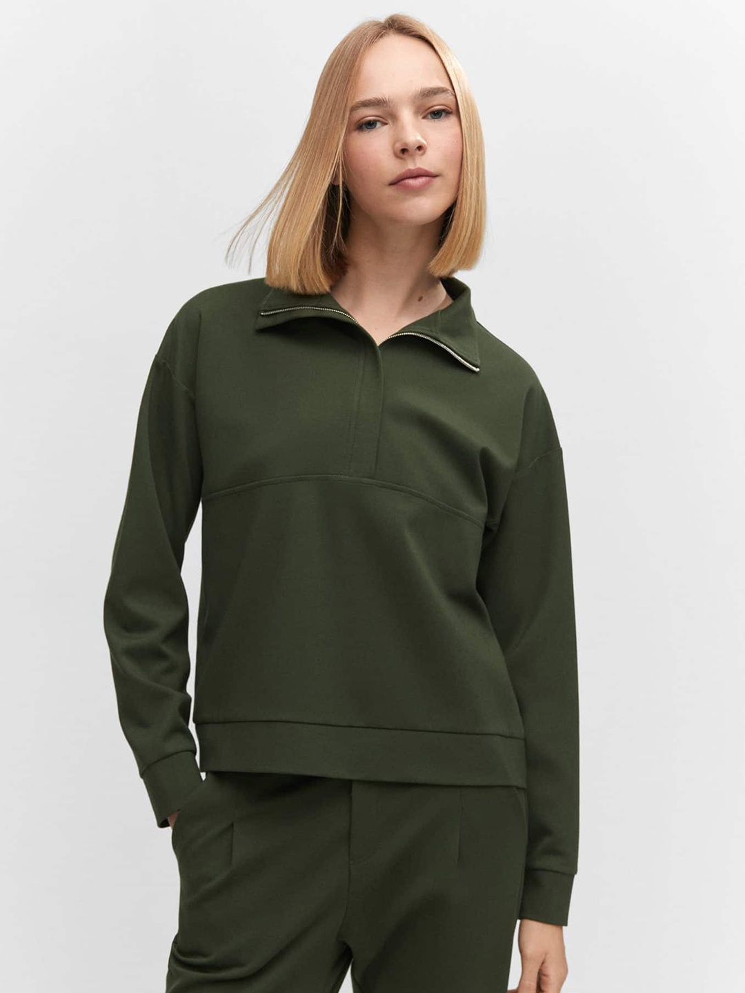 

MANGO Women Solid Sweatshirt, Olive