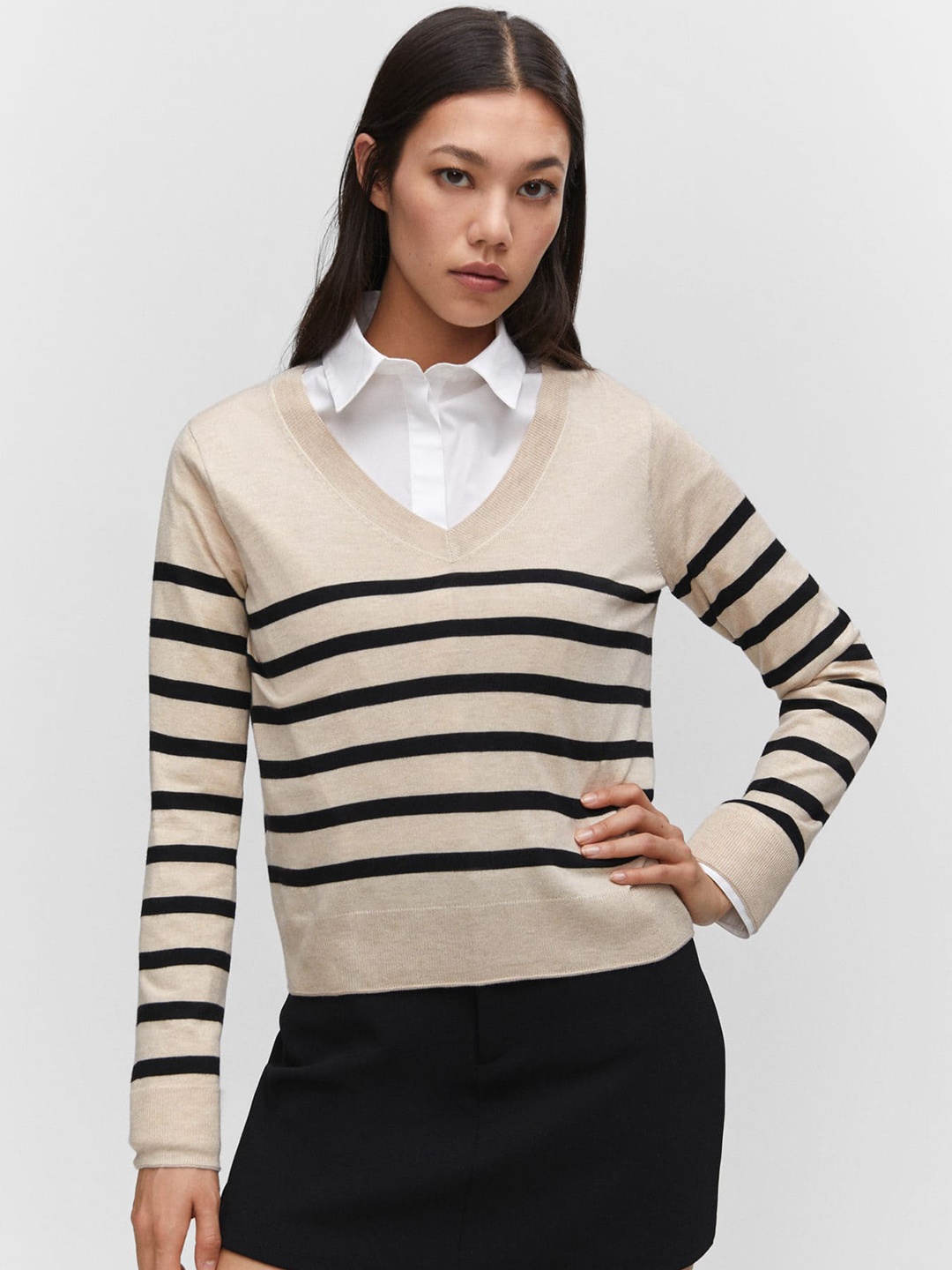 

MANGO V-Neck Striped Pullover, Beige