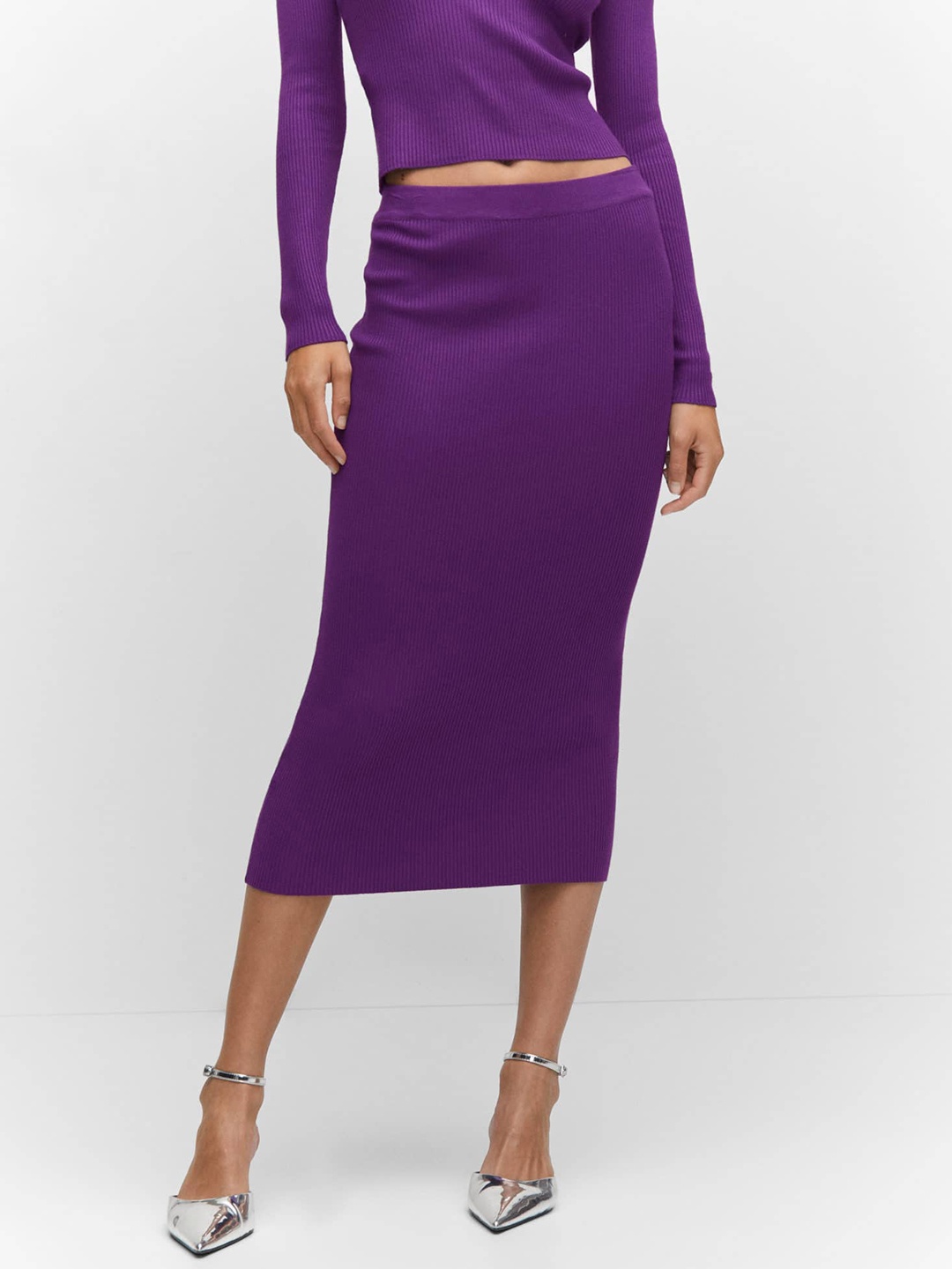 

MANGO Ribbed Pencil Midi Skirt, Purple
