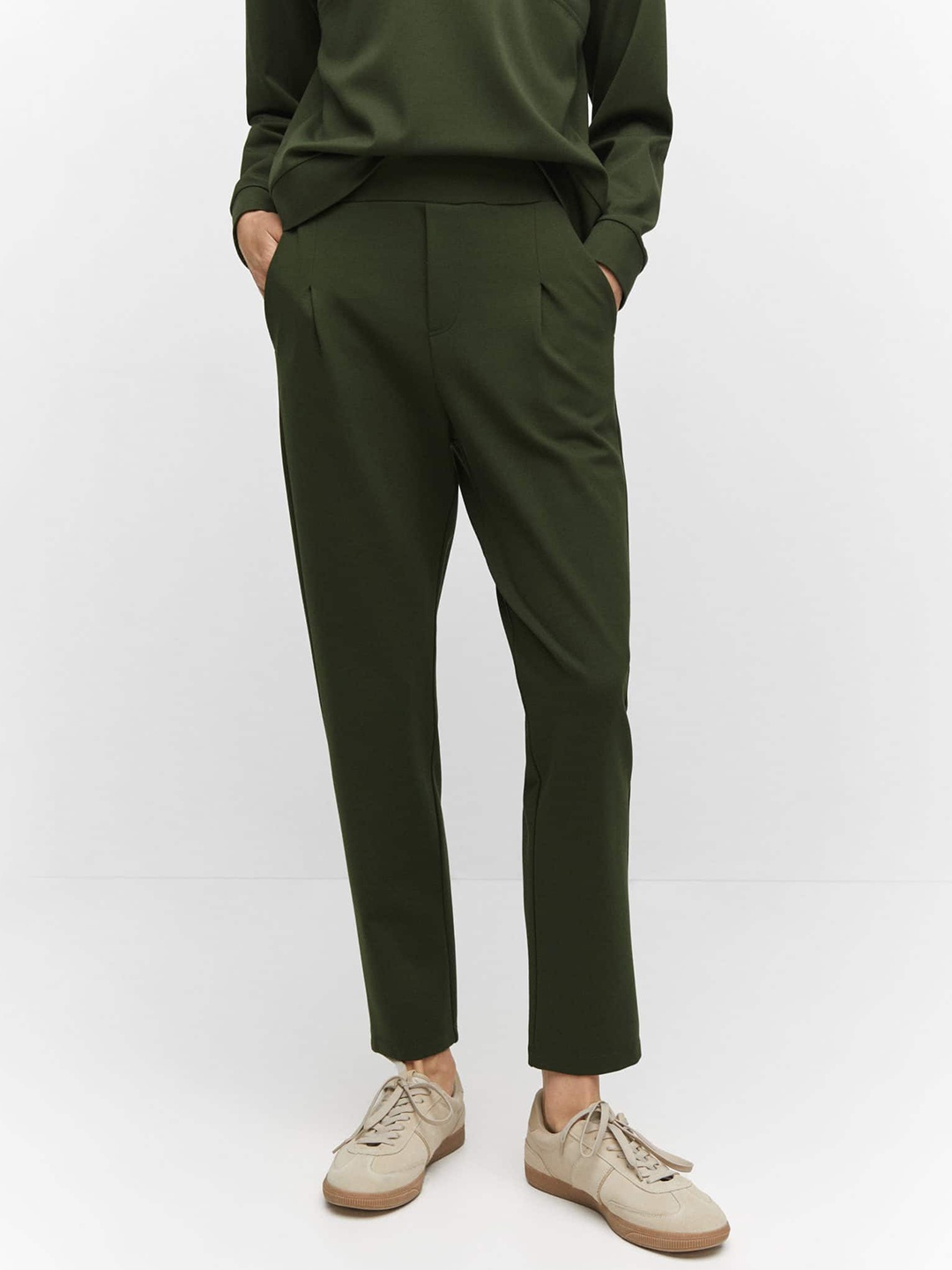 

MANGO Women Regular Fit Pleated Trousers, Olive