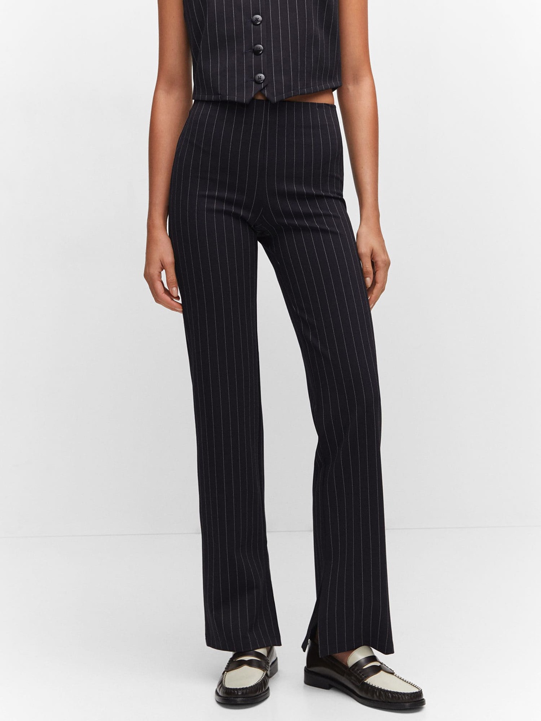 

MANGO Women Pinstripe Skinny Fit High-Rise Trousers, Navy blue