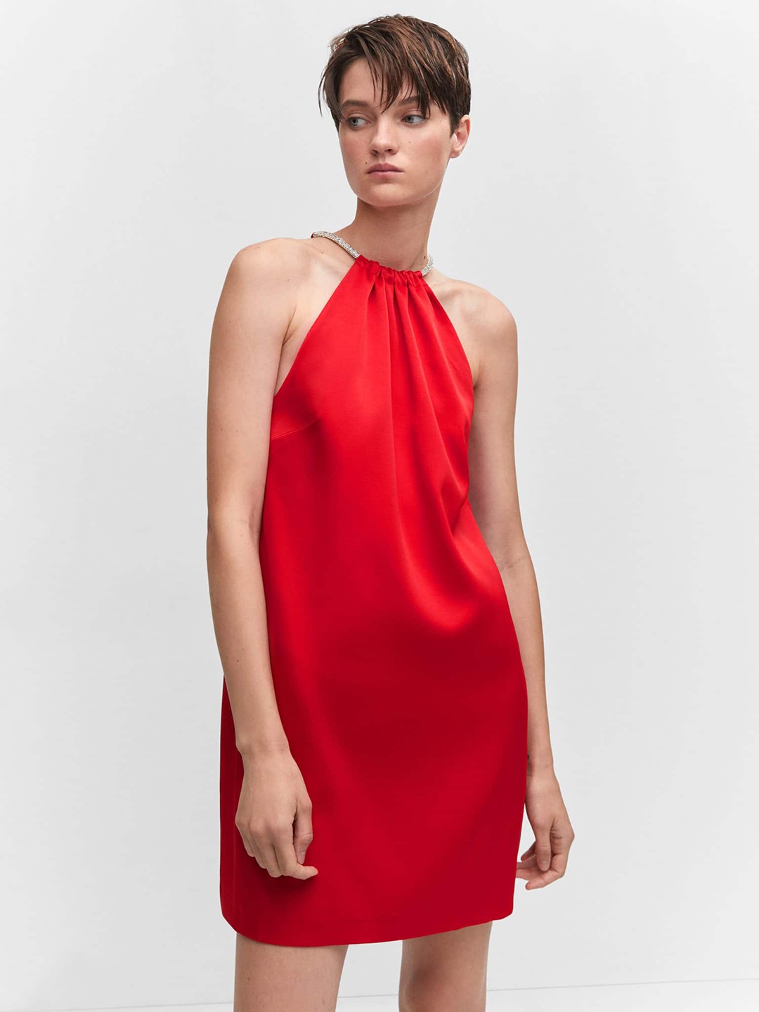 

MANGO Halter Neck Satin A-Line Mini Dress, Orange