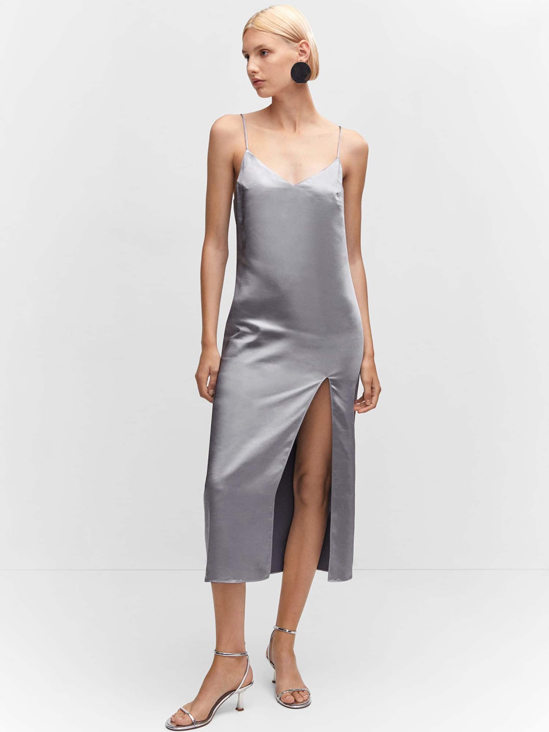 

MANGO Satin Front-Slit Sheath Midi Dress, Silver