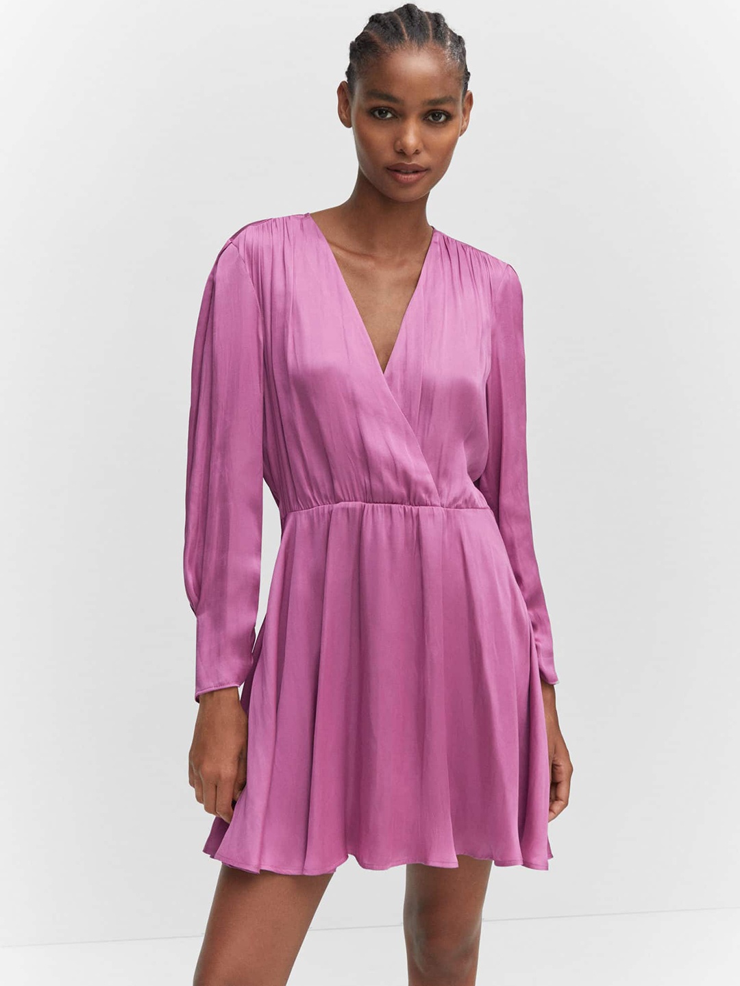 

MANGO Solid Satin Finish Wrap Dress, Purple