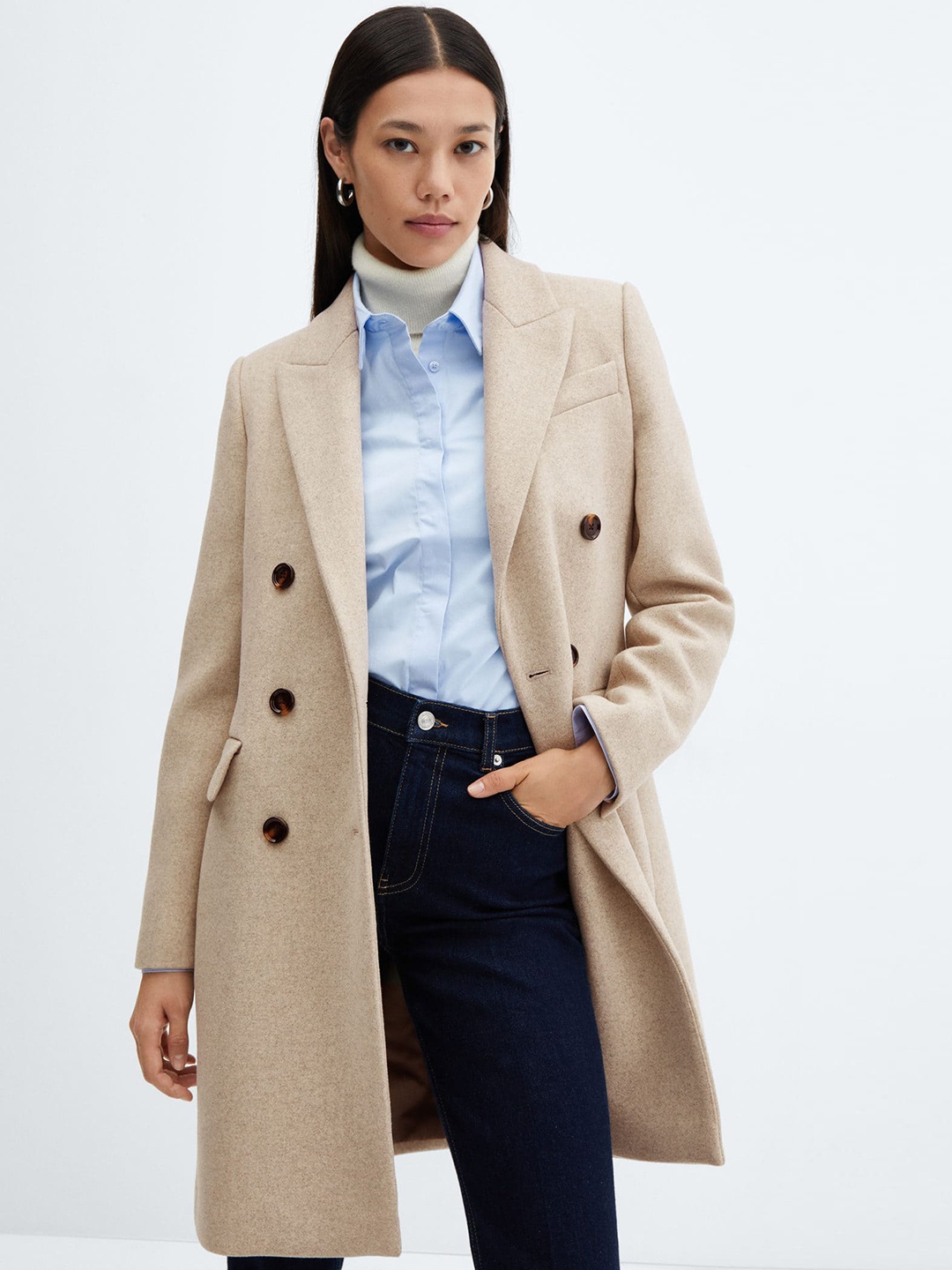 

MANGO Double-Breasted Longline Overcoat, Beige