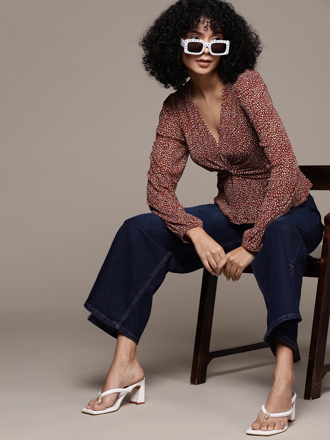 

MANGO Printed Twisted Detail Top, Coffee brown