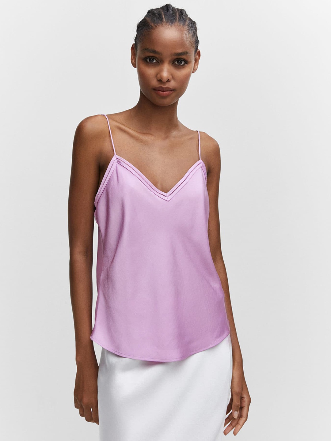 

MANGO Satin Finish Lace-Insert Top, Lavender