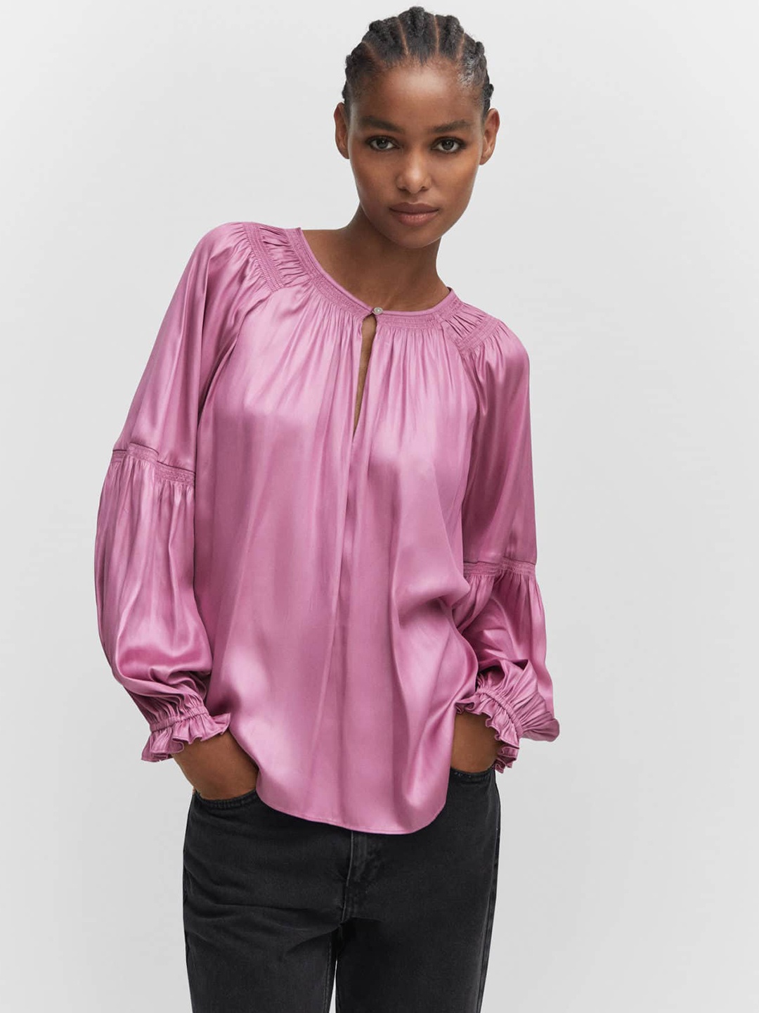 

MANGO Keyhole Neck Puff Sleeves Top, Pink