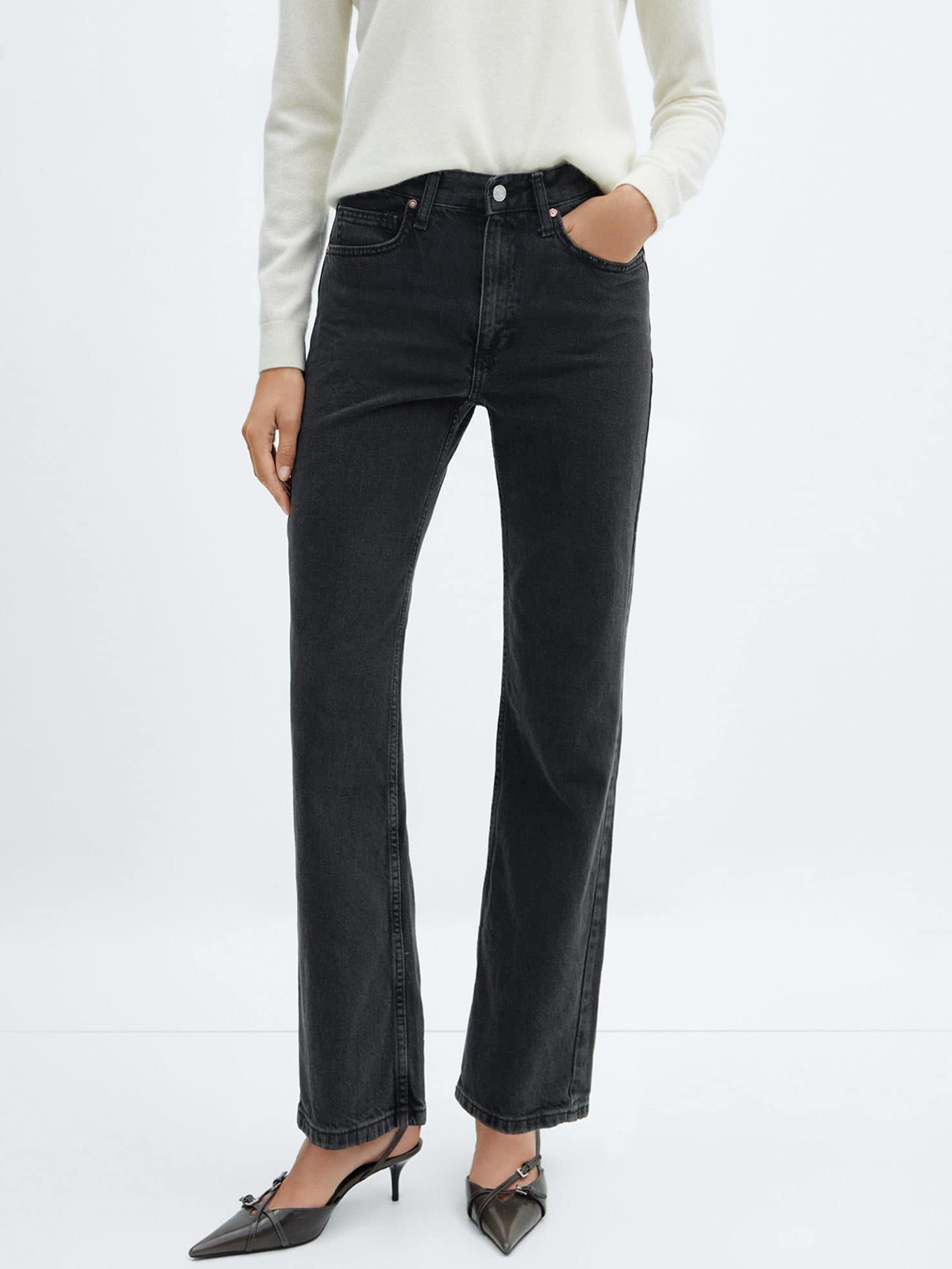 

MANGO Women Straight Fit Pure Cotton Jeans, Black