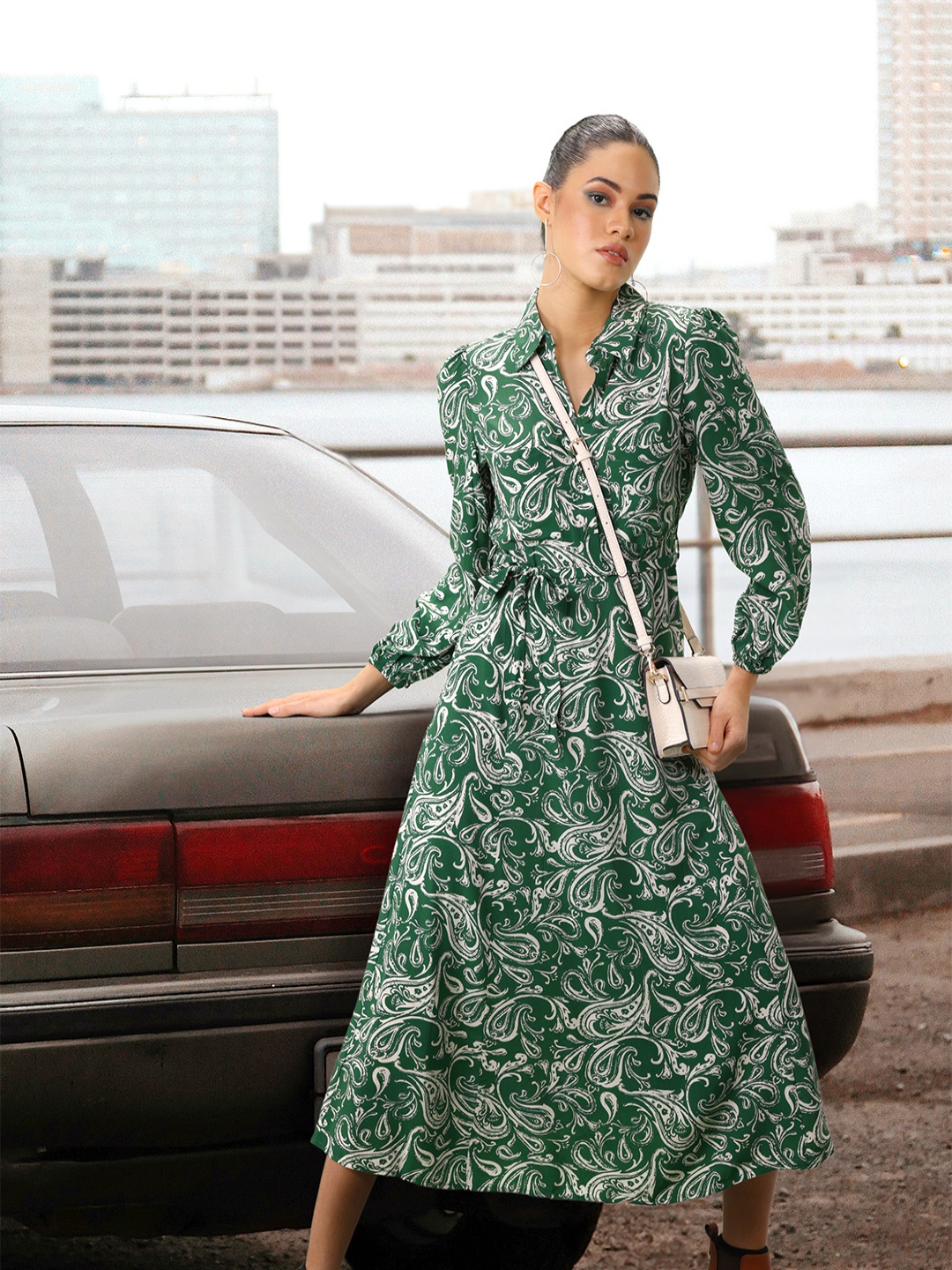 

MANGO Ethnic Motifs Print Shirt Midi Dress with Belt, Green