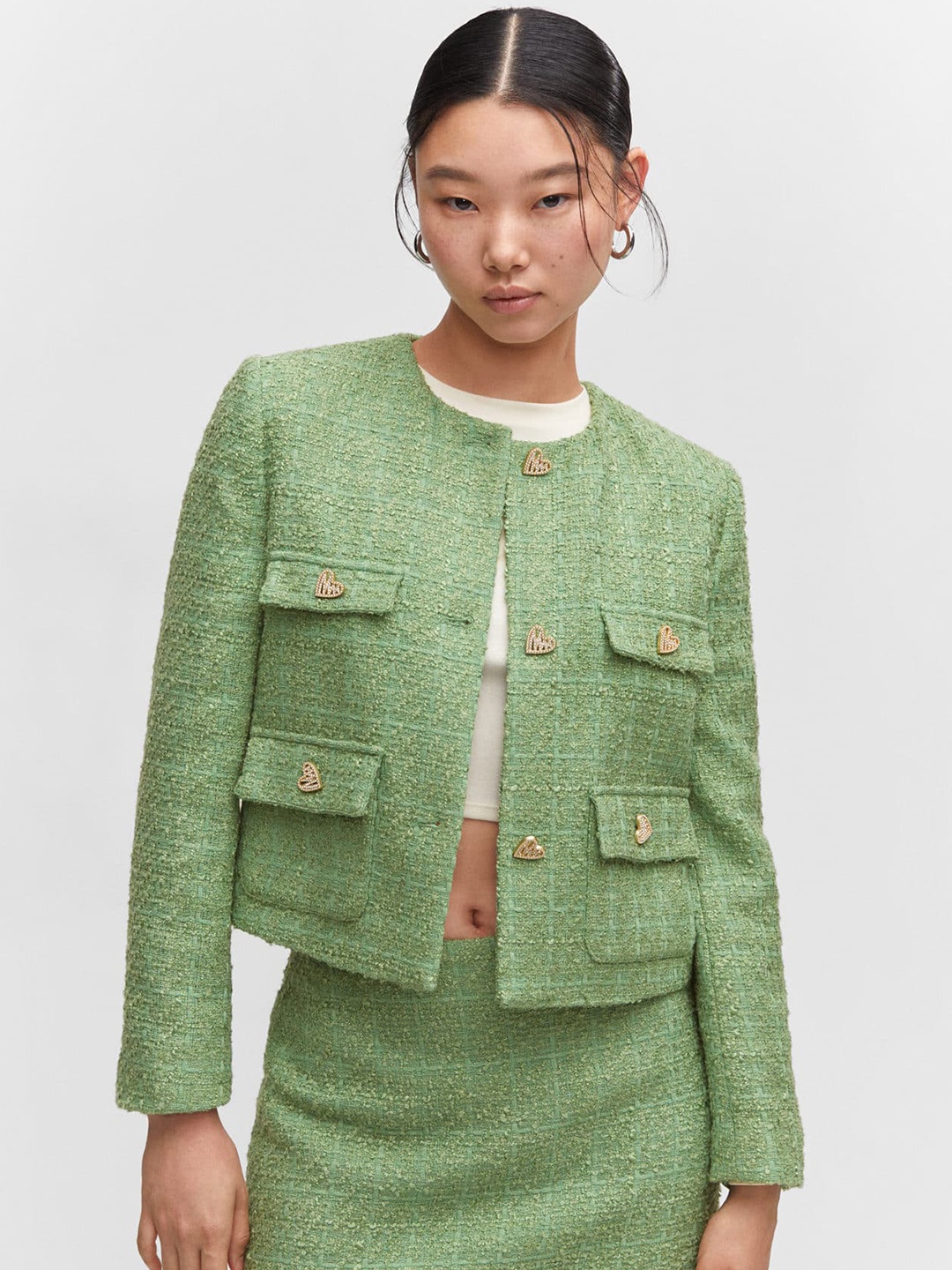 

MANGO Tweed Tailored Jacket with Jewelled Button, Green