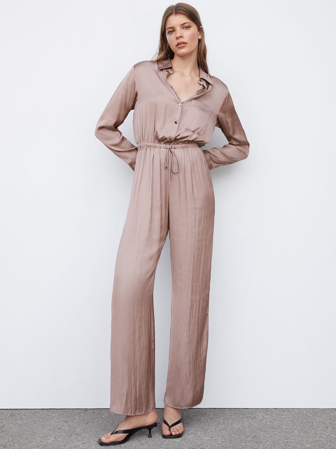 

MANGO Satin Finish Pleated Shirt Style Jumpsuit, Brown