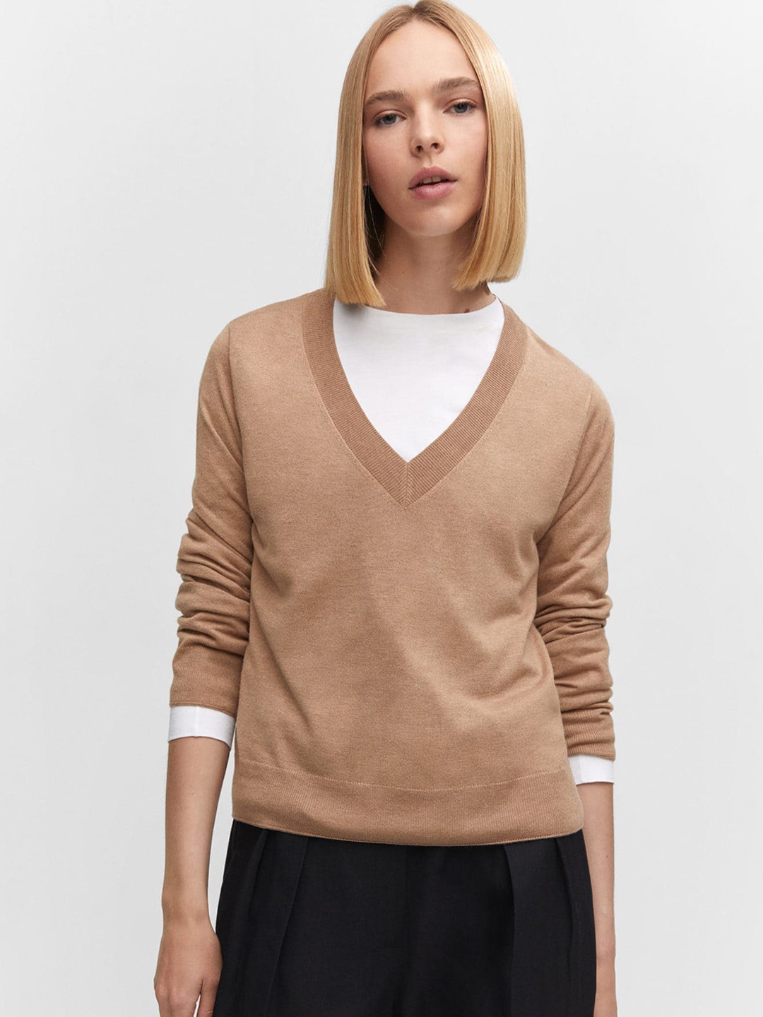 

MANGO Women Solid Pullover, Beige
