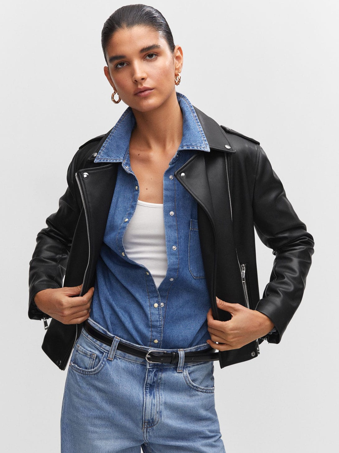 

MANGO Women Asymmetric Closure Biker Jacket, Black