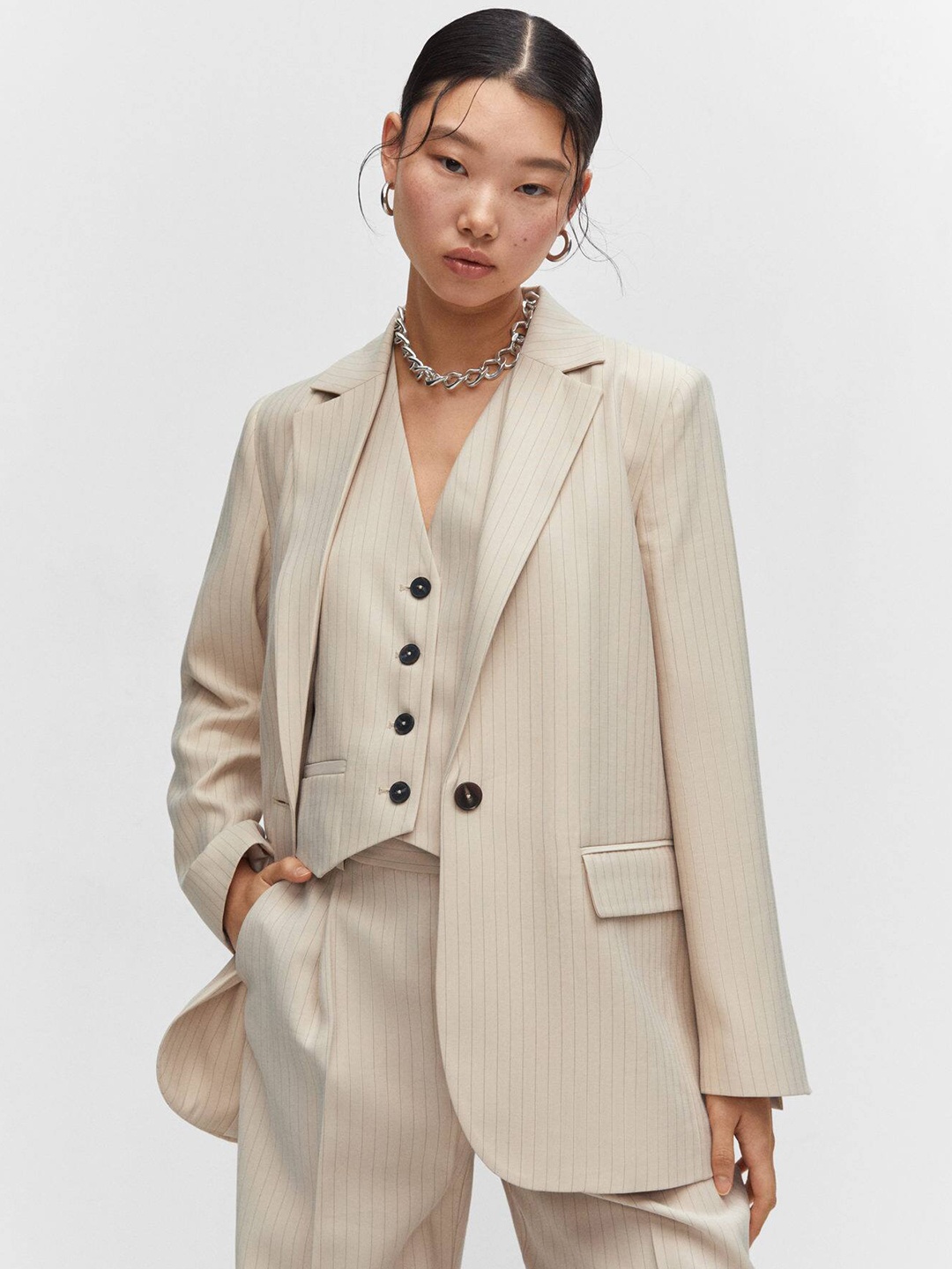 

MANGO Notched Lapel Single Breasted Striped Blazer, Cream