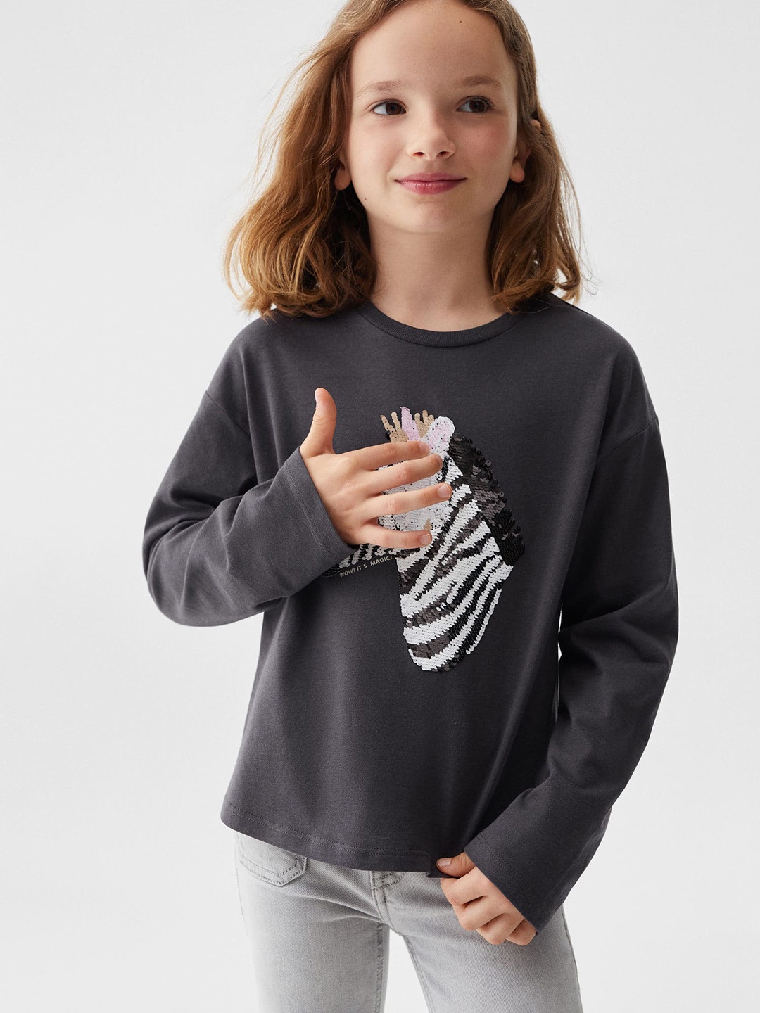 

Mango Kids Girls Pure Cotton Zebra Sequin Embellished T-shirt, Charcoal