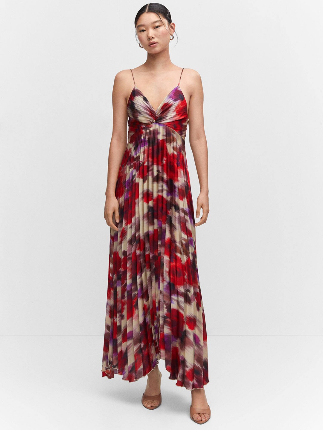 

MANGO Accordion Pleats Printed Satin Finish Maxi Dress, Multi