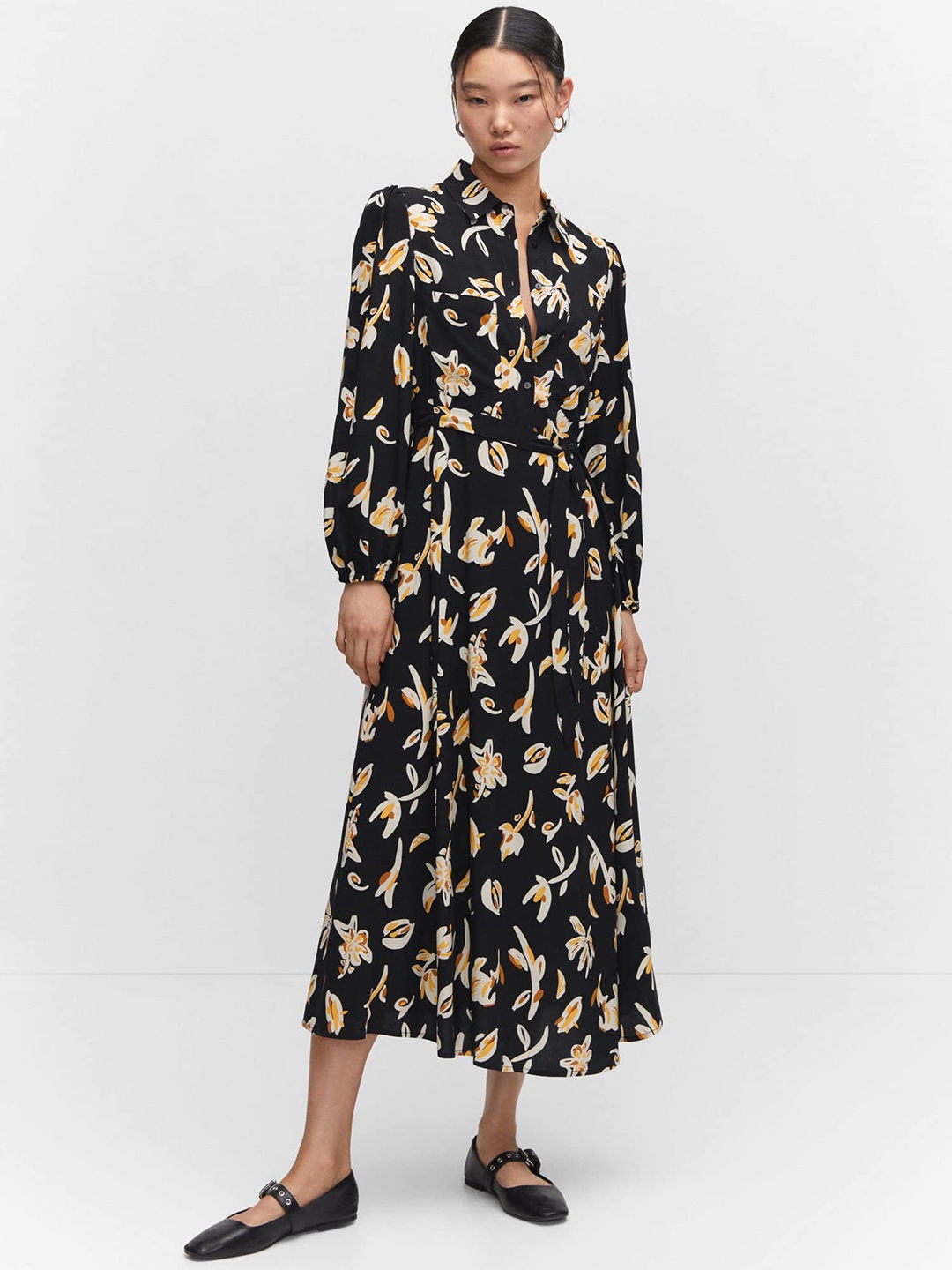 

MANGO Floral Print Shirt Maxi Dress with Belt, Black