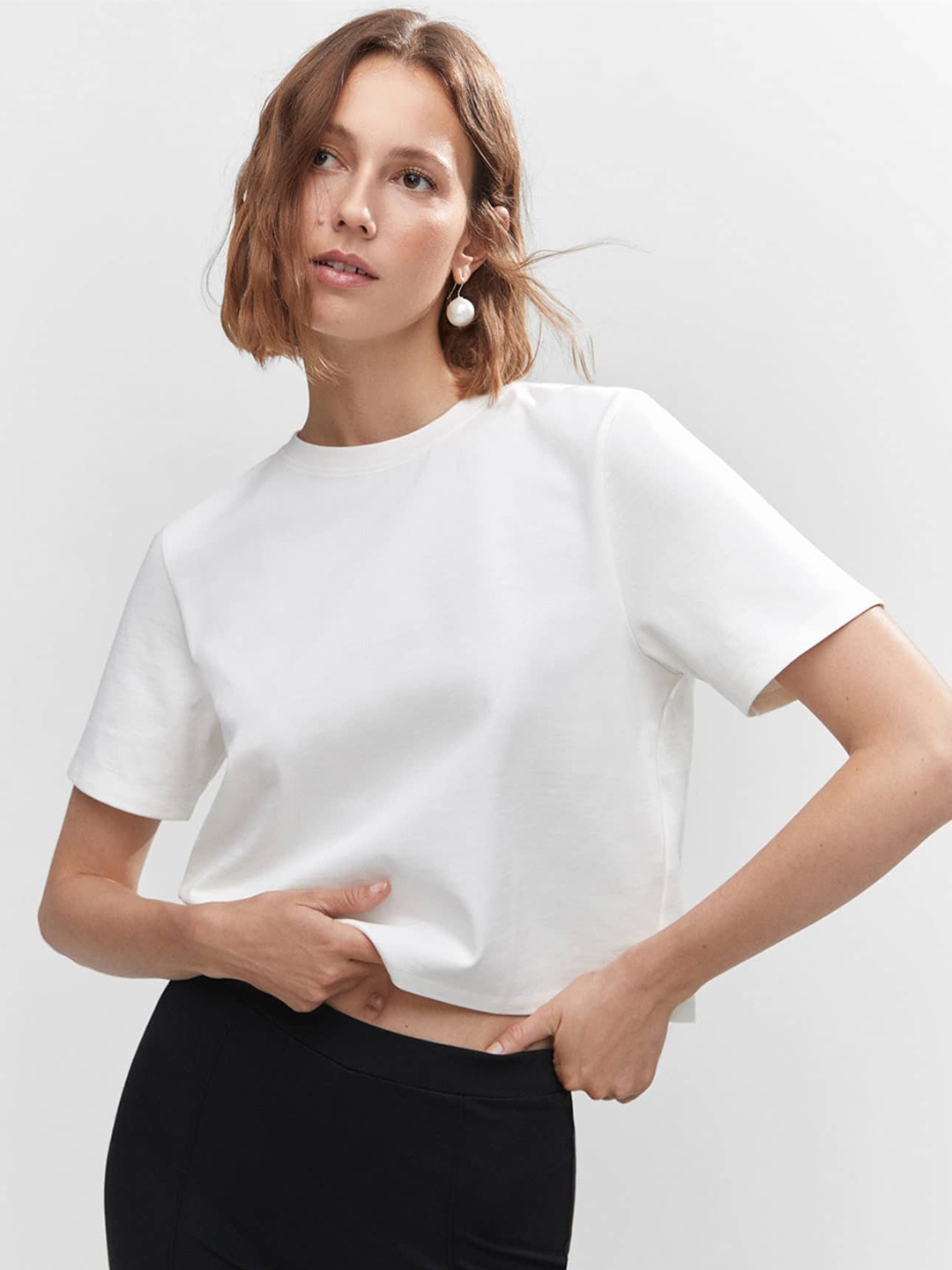 

MANGO Round Neck Cotton T-shirt, White