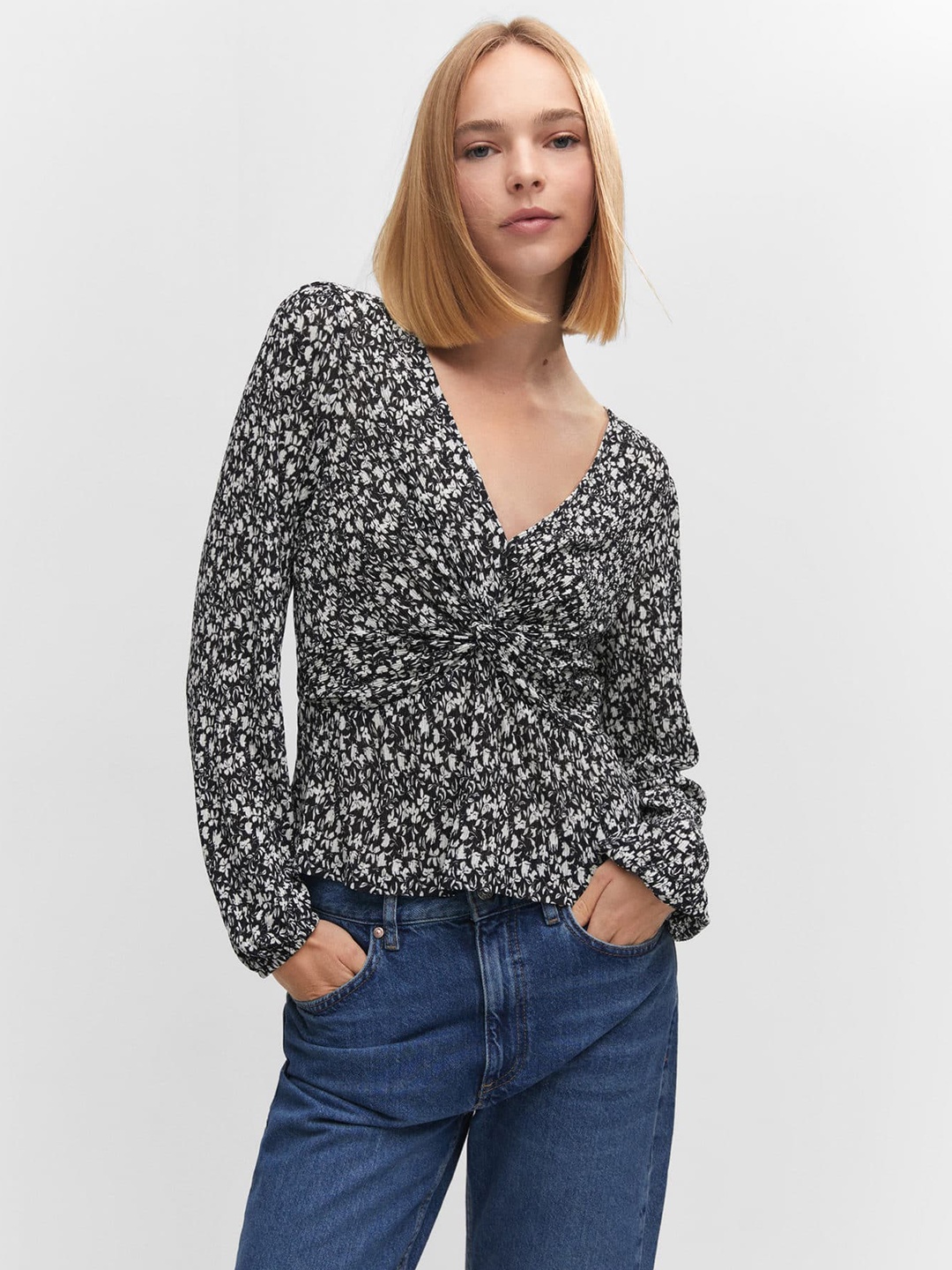 

MANGO Printed Twisted Detail Monochrome Top, Black