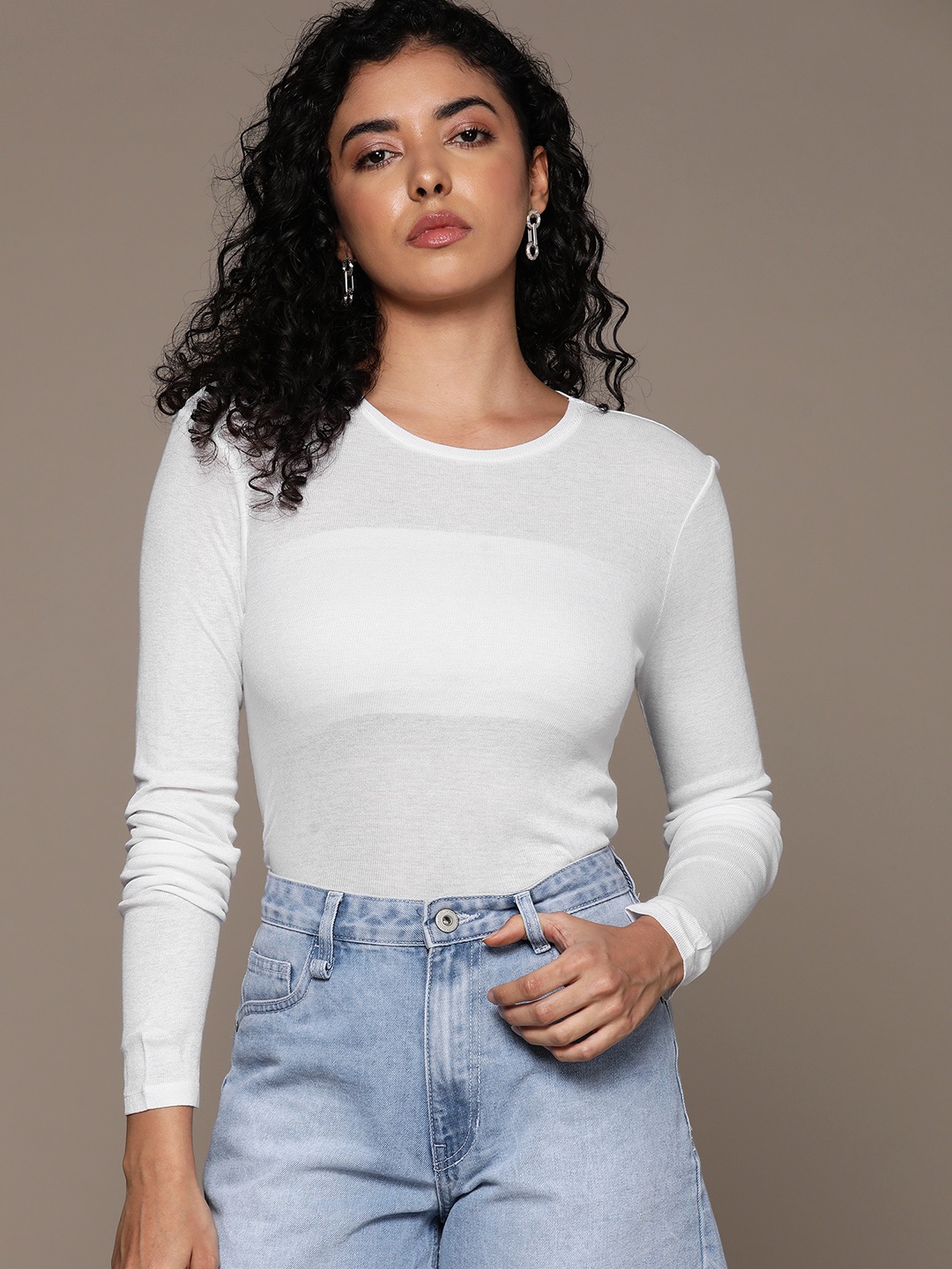 

MANGO Round-Neck Semi-Sheer Top, White
